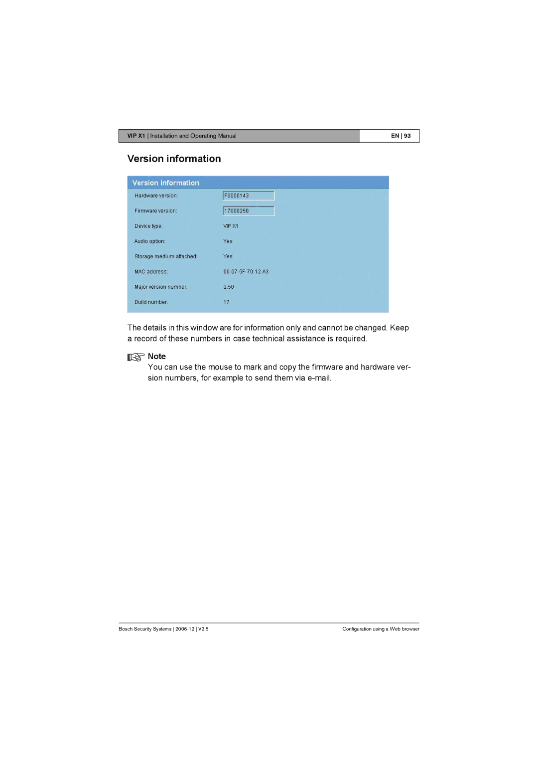 Bosch Appliances VIP X1 manual Version information 