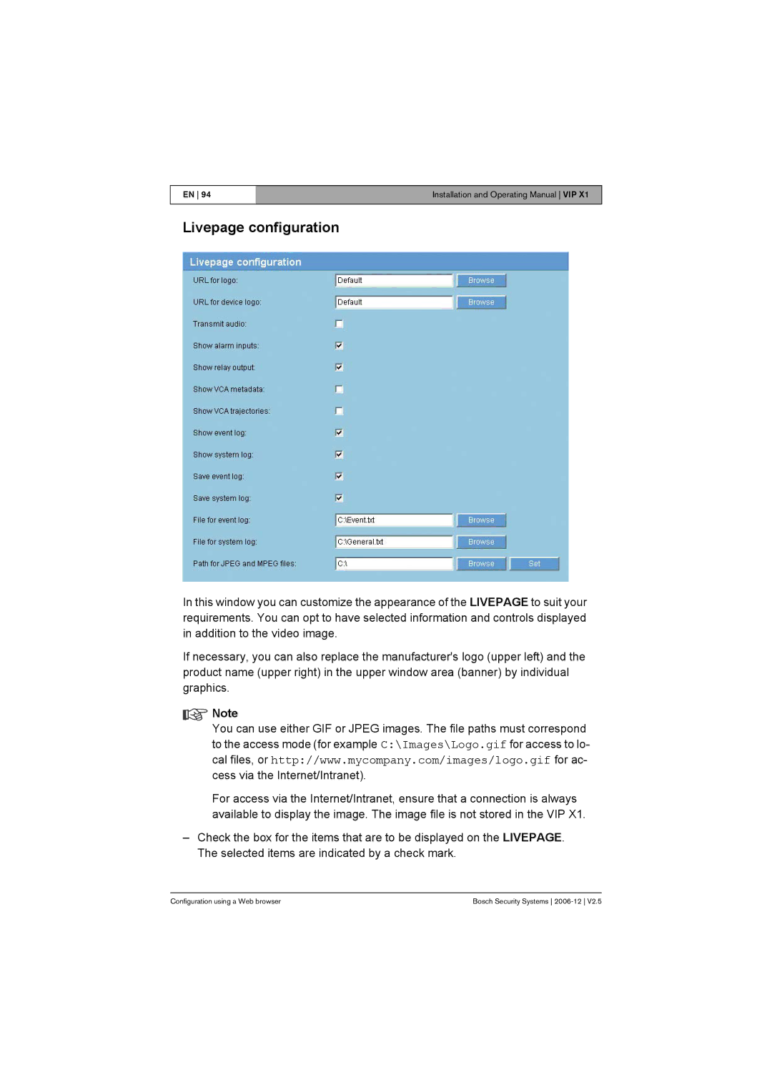 Bosch Appliances VIP X1 manual Livepage configuration 