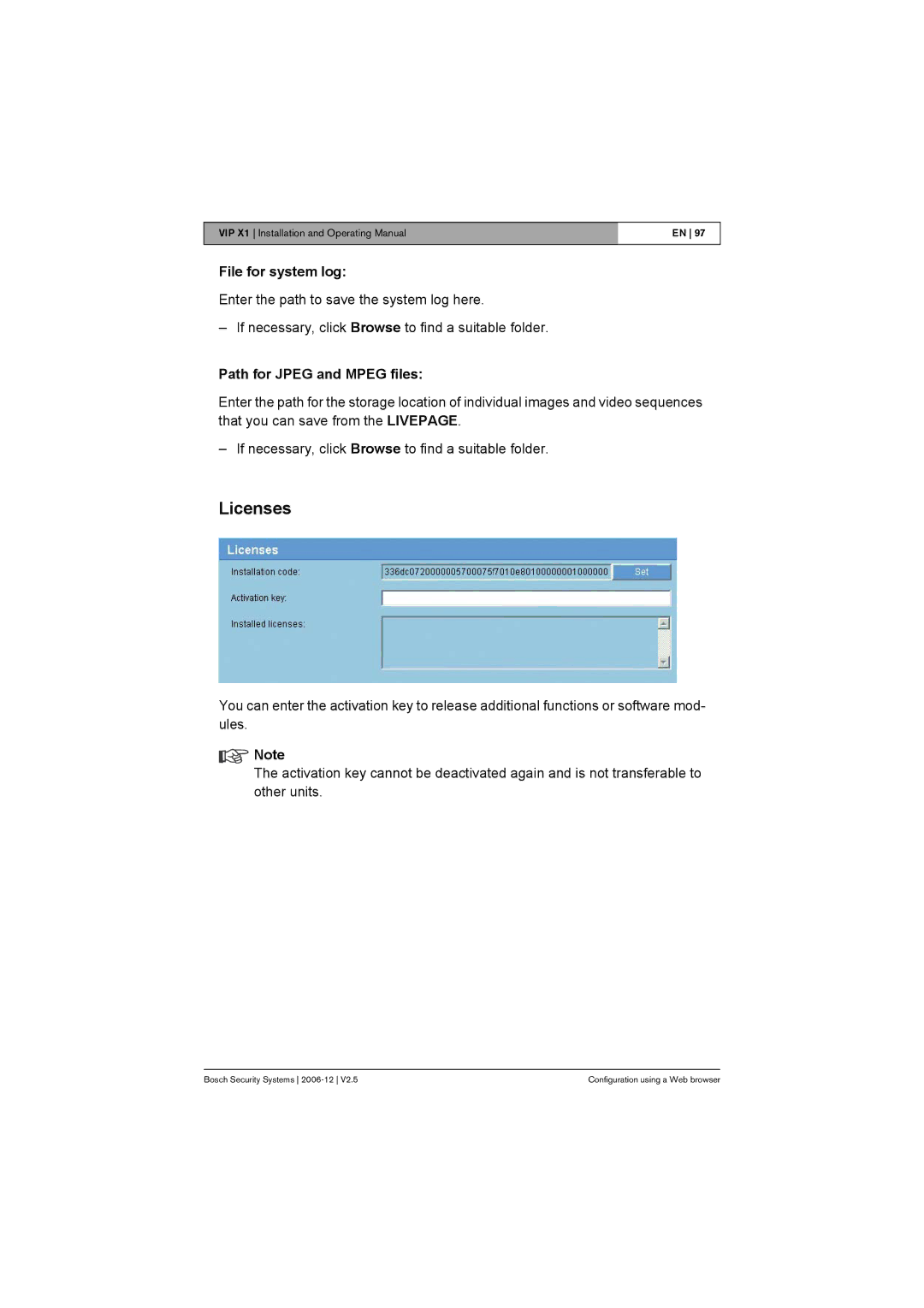 Bosch Appliances VIP X1 manual Licenses, File for system log, Path for Jpeg and Mpeg files 