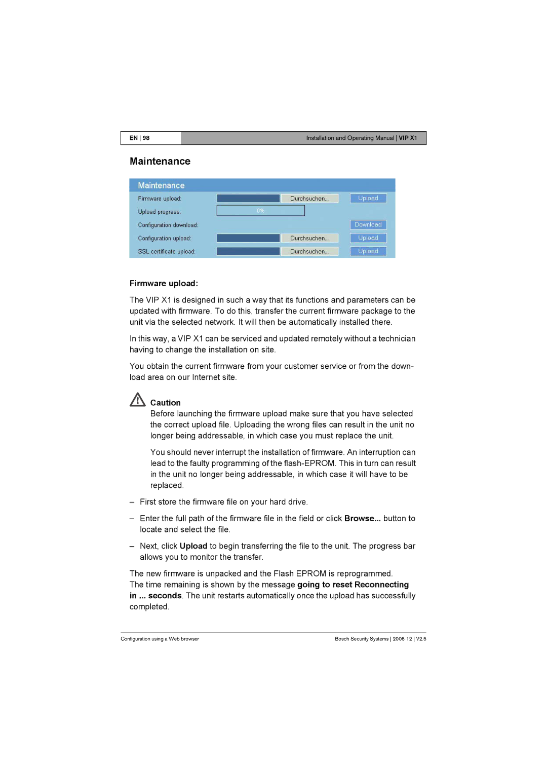 Bosch Appliances VIP X1 manual Maintenance, Firmware upload 