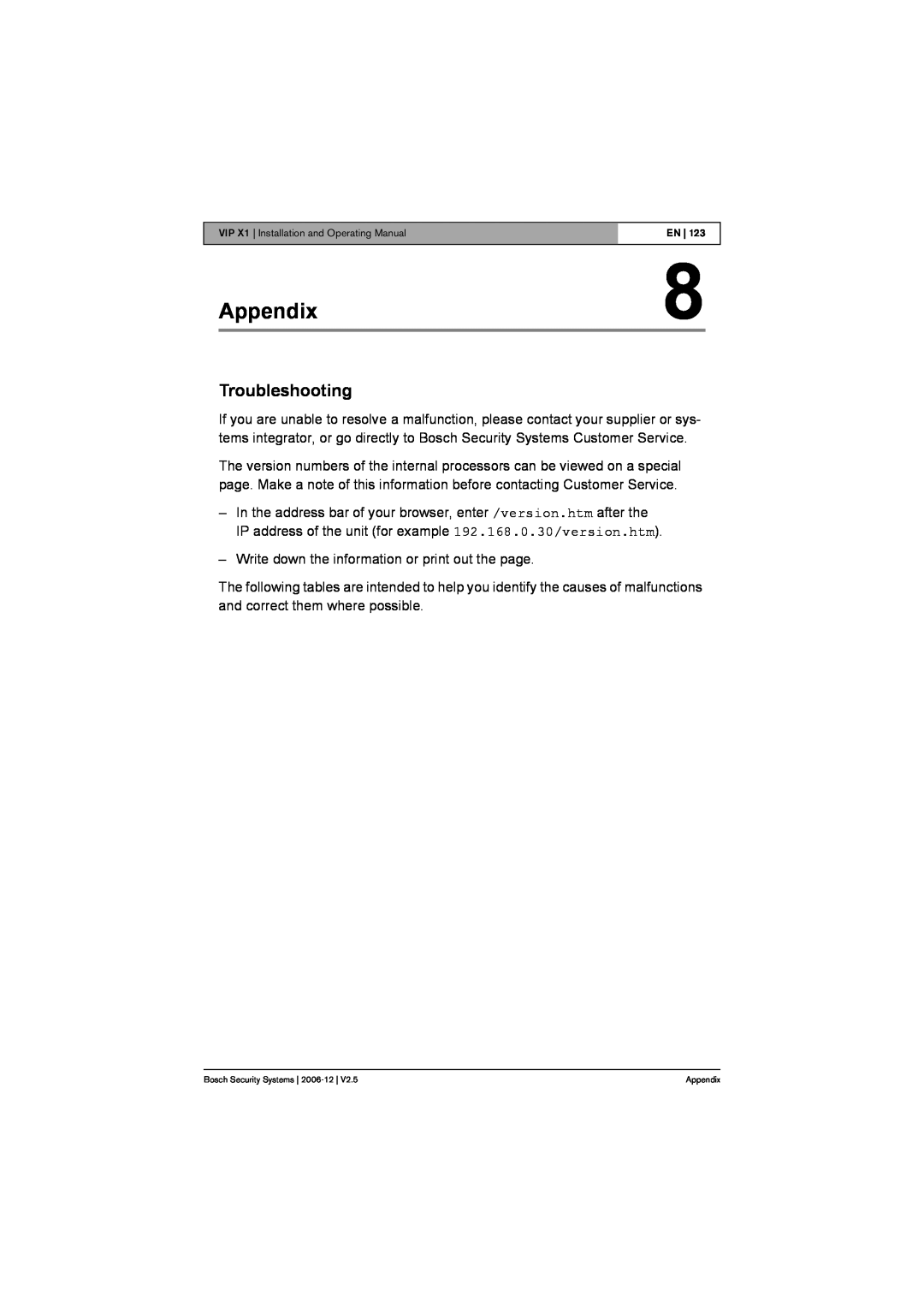 Bosch Appliances VIP X1 manual Appendix, Troubleshooting 