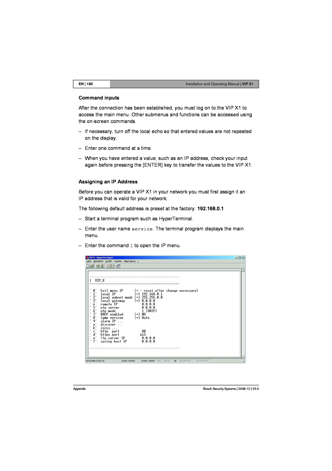 Bosch Appliances VIP X1 manual Command inputs, Assigning an IP Address 
