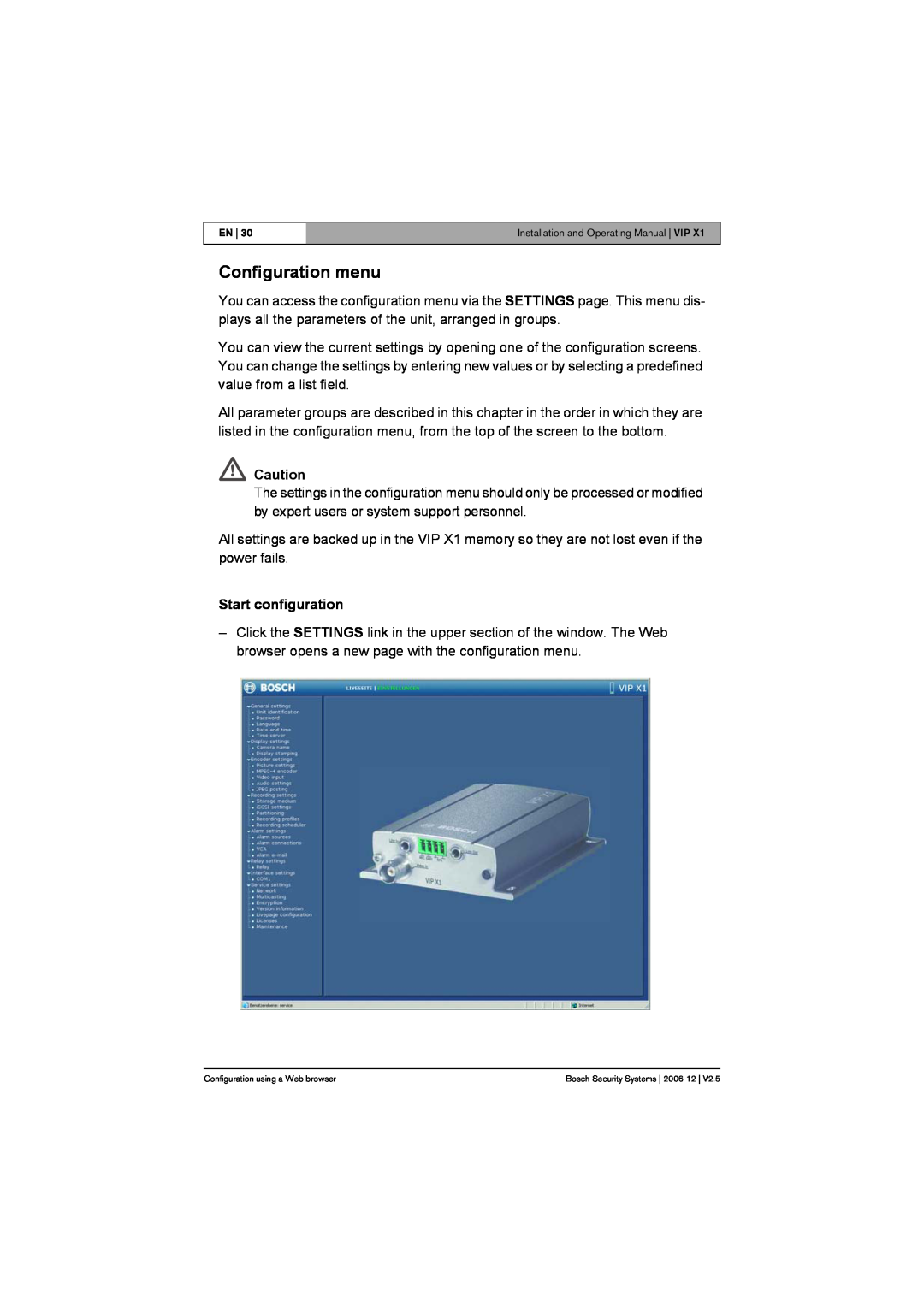 Bosch Appliances VIP X1 manual Configuration menu, Start configuration 