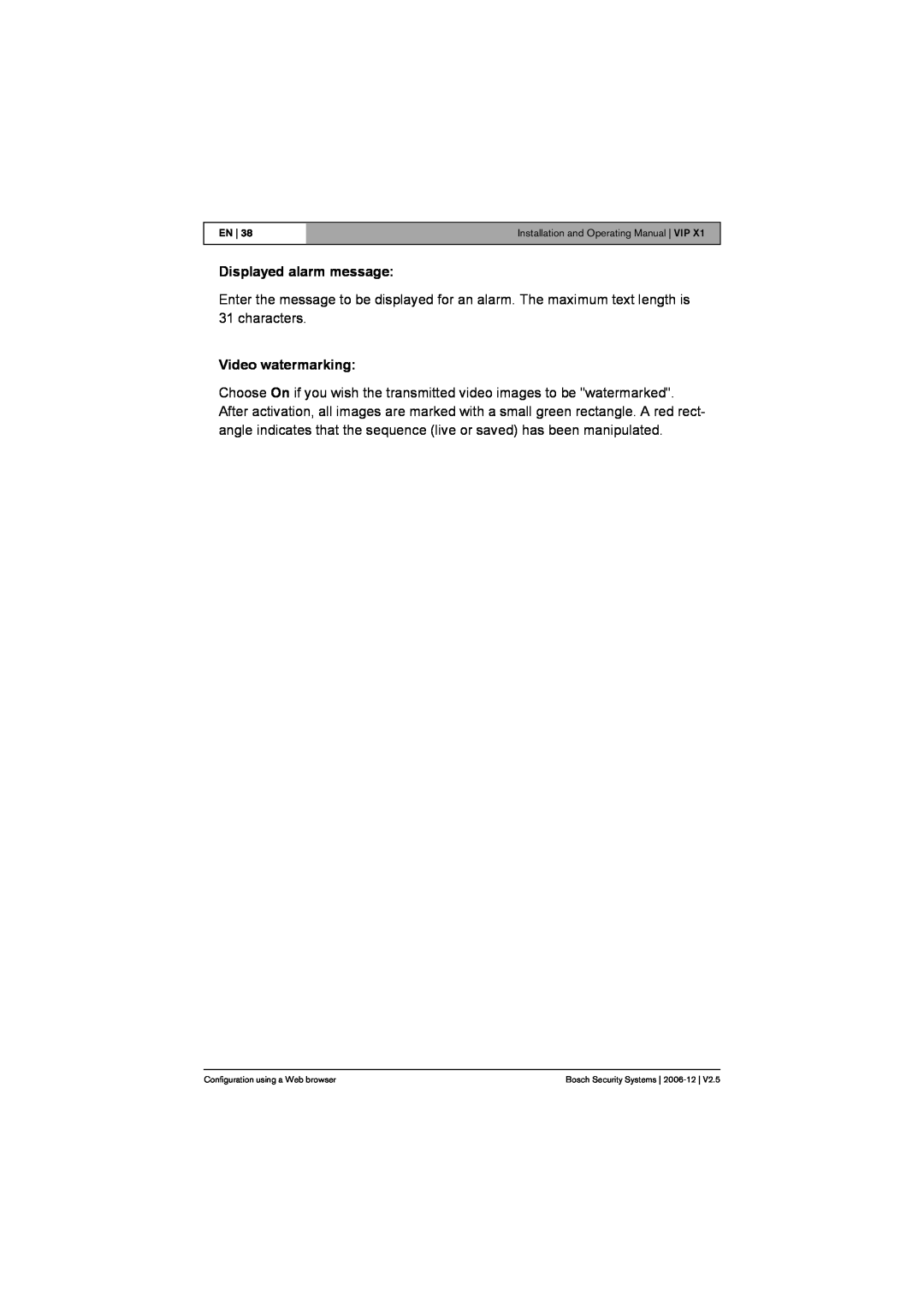 Bosch Appliances VIP X1 manual Displayed alarm message, Video watermarking 