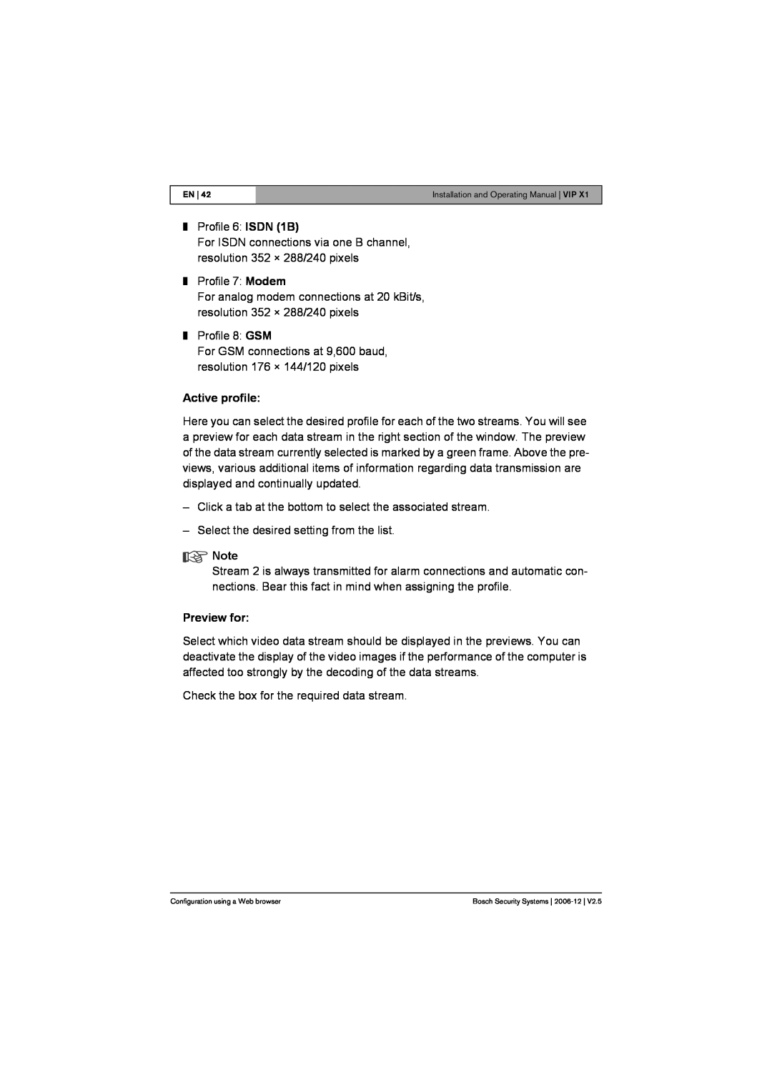 Bosch Appliances VIP X1 manual Active profile, Preview for 