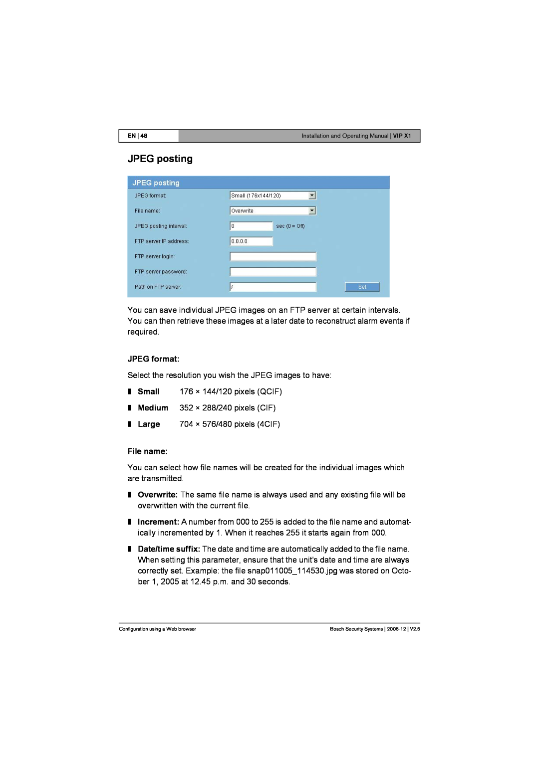 Bosch Appliances VIP X1 manual JPEG posting, JPEG format, File name 