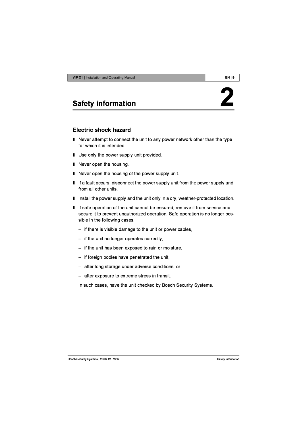 Bosch Appliances VIP X1 manual Safety information, Electric shock hazard 
