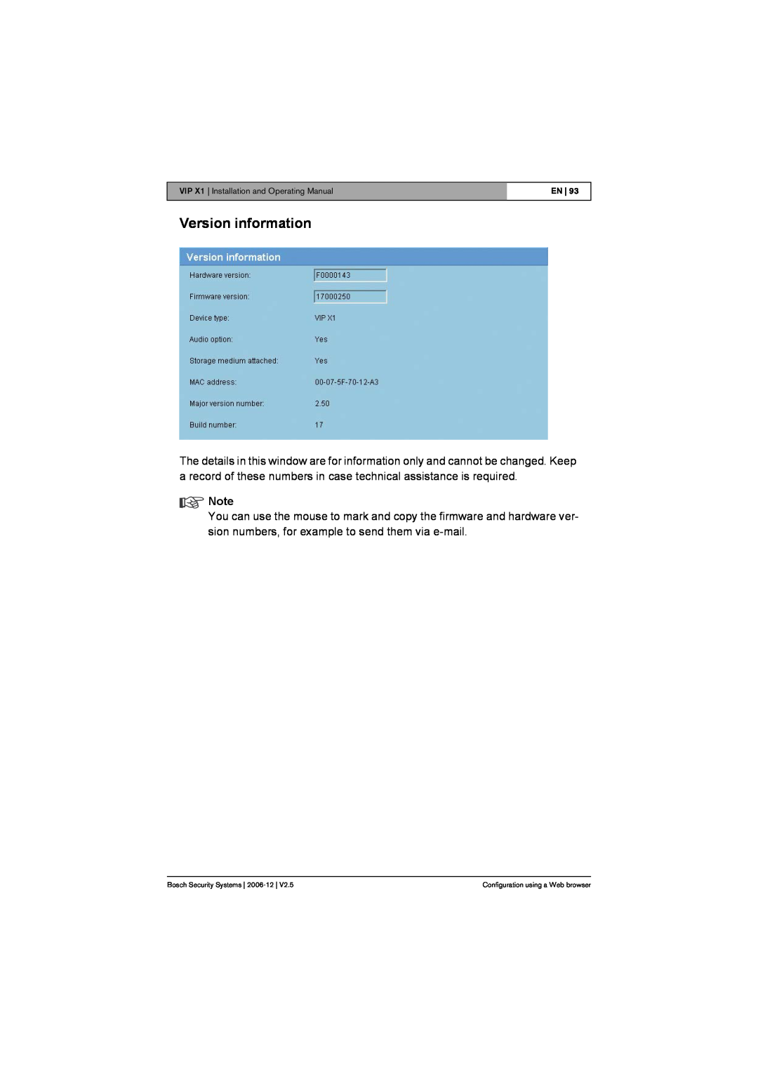 Bosch Appliances VIP X1 manual Version information 