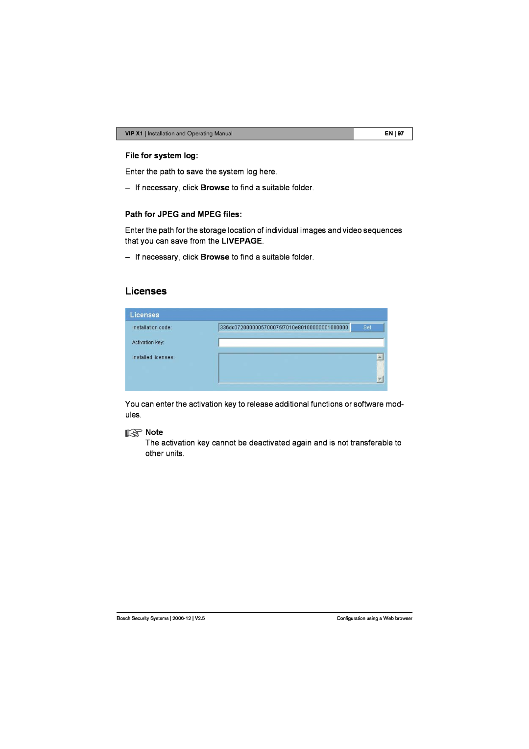 Bosch Appliances VIP X1 manual Licenses, File for system log, Path for JPEG and MPEG files 