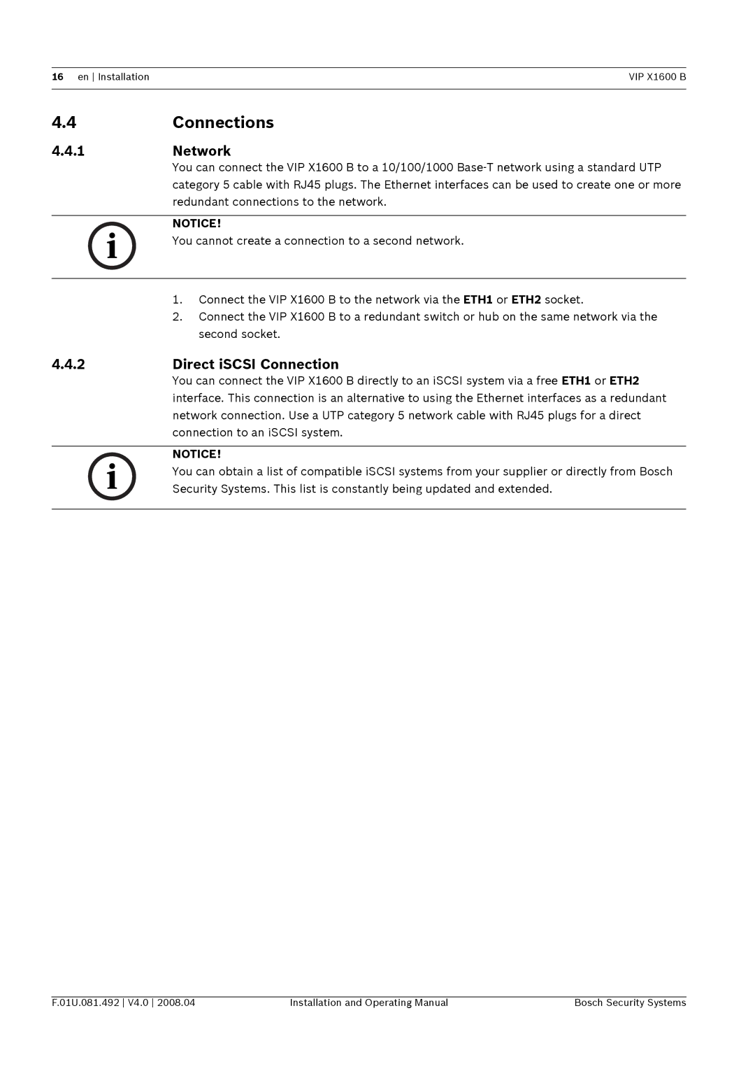 Bosch Appliances VIP X1600 B manual Connections, Network, Direct iSCSI Connection 