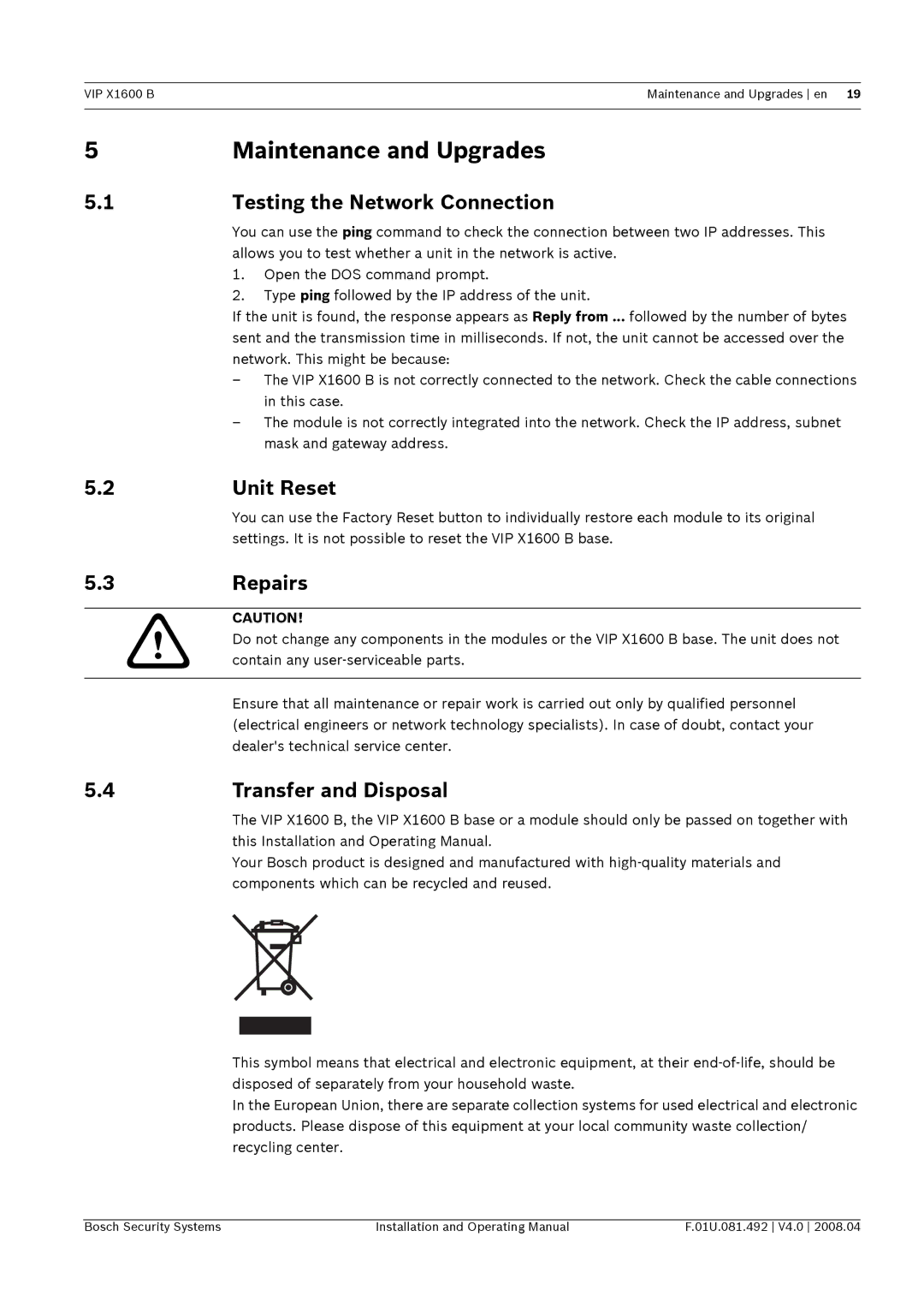 Bosch Appliances VIP X1600 B manual Maintenance and Upgrades, Testing the Network Connection, Unit Reset, Repairs 