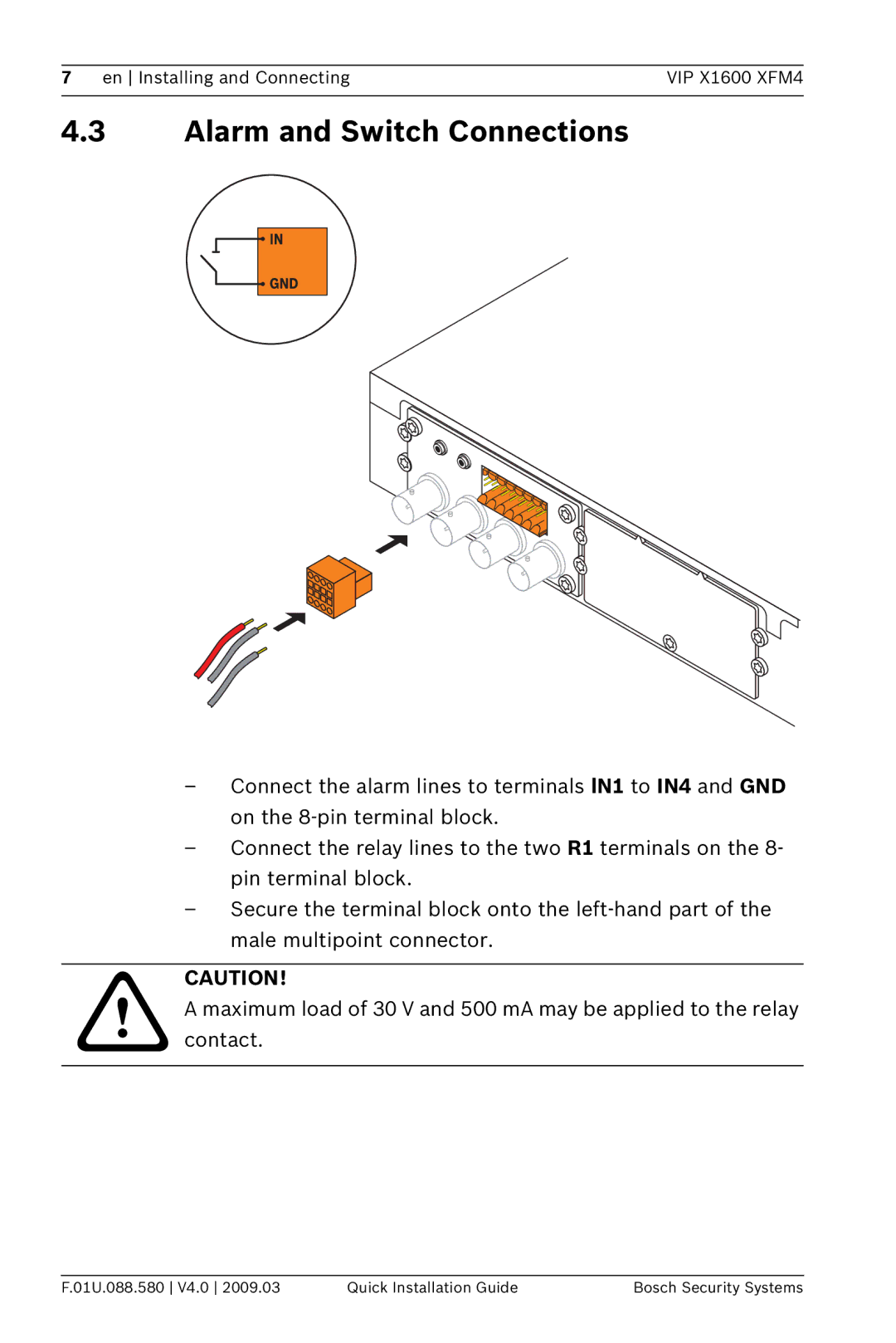 Bosch Appliances VIPX 1600X FM4 manual Alarm and Switch Connections 