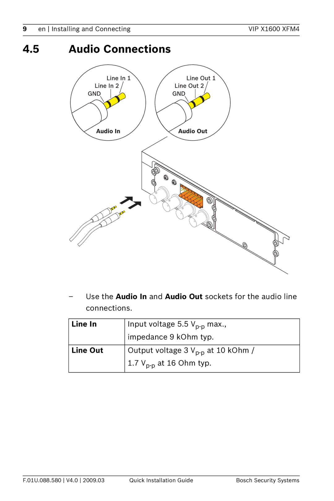 Bosch Appliances VIPX 1600X FM4 manual Audio Connections, Line Out 