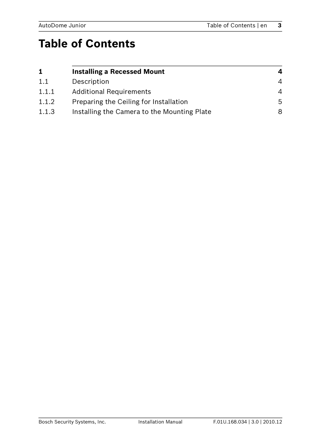 Bosch Appliances VJR-A3-IC installation manual Table of Contents 