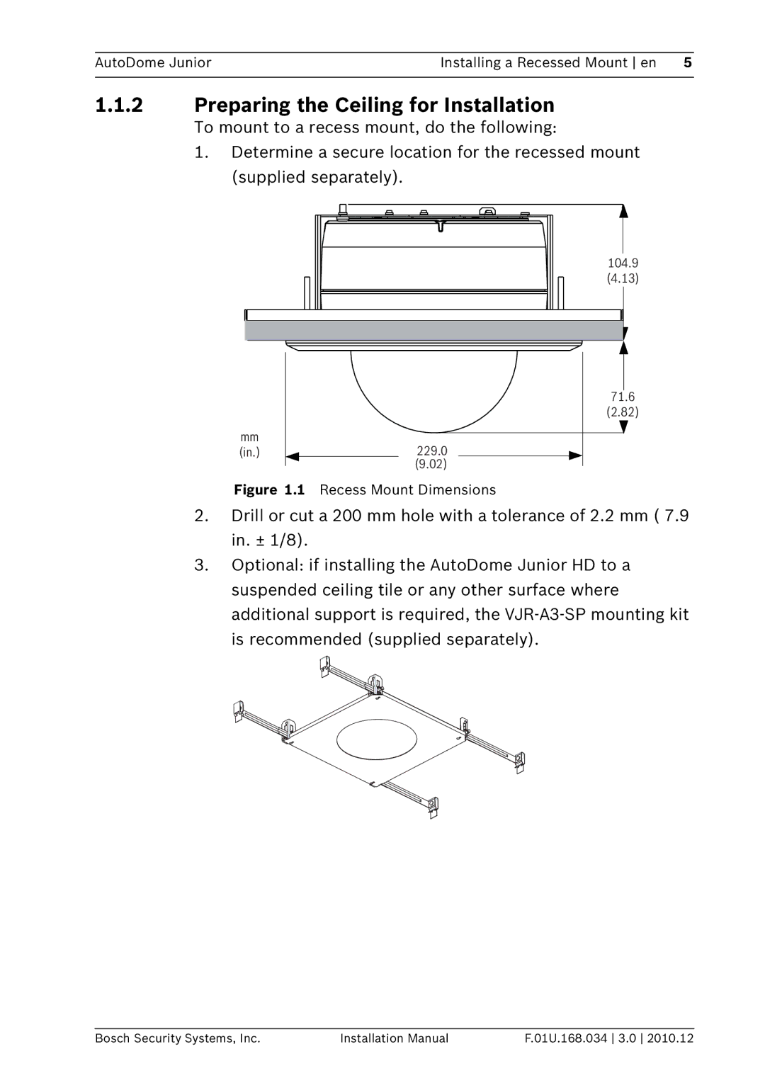 Bosch Appliances VJR-A3-IC installation manual Preparing the Ceiling for Installation, Recess Mount Dimensions 