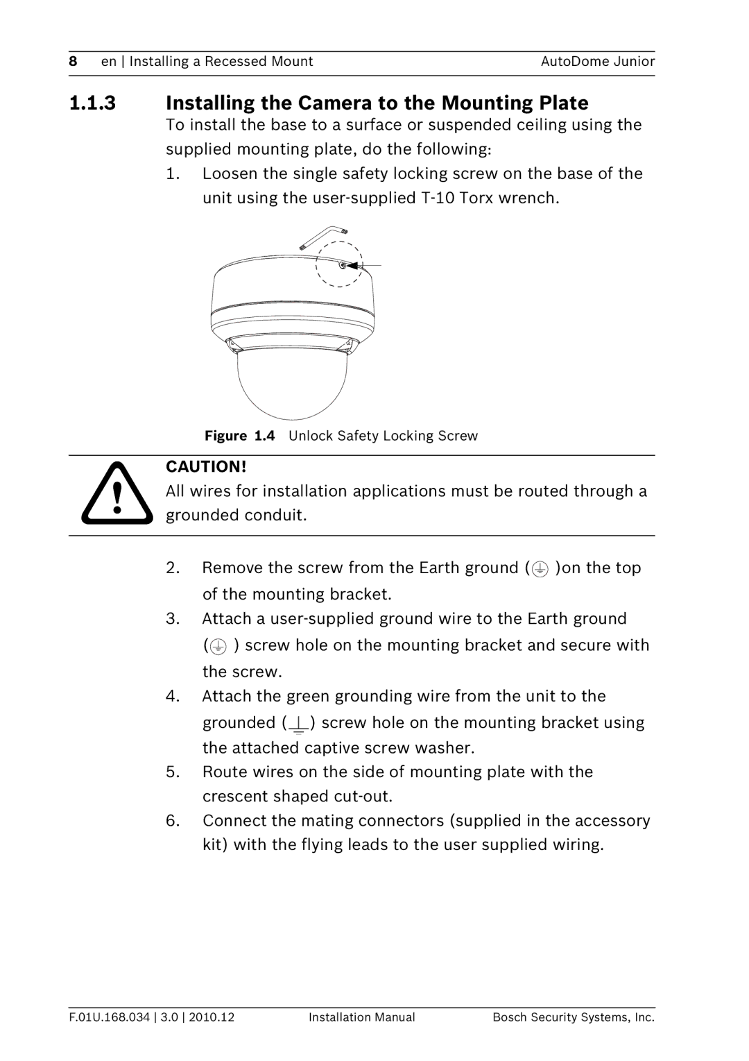 Bosch Appliances VJR-A3-IC installation manual Installing the Camera to the Mounting Plate, Unlock Safety Locking Screw 