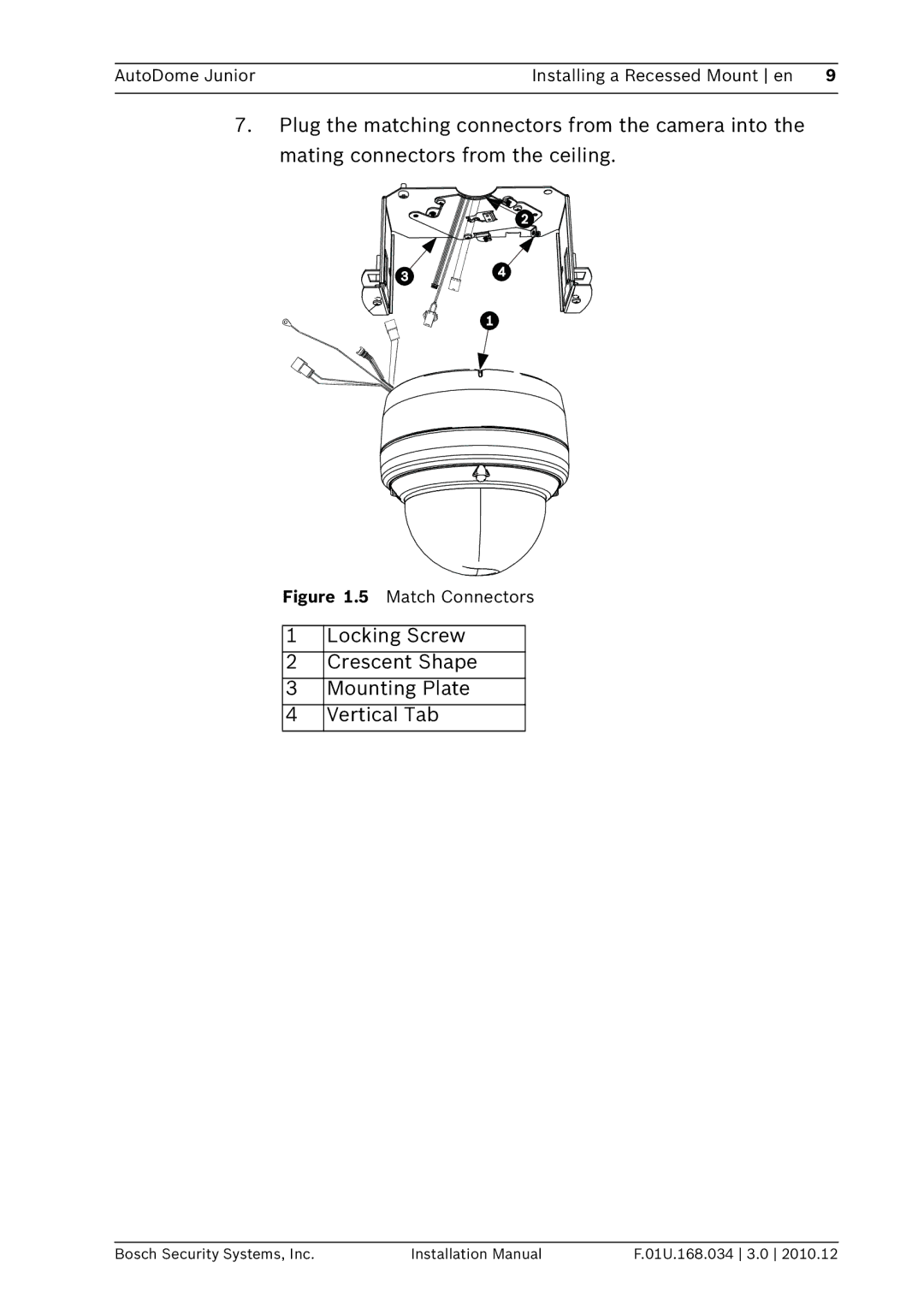 Bosch Appliances VJR-A3-IC installation manual Locking Screw Crescent Shape Mounting Plate Vertical Tab 