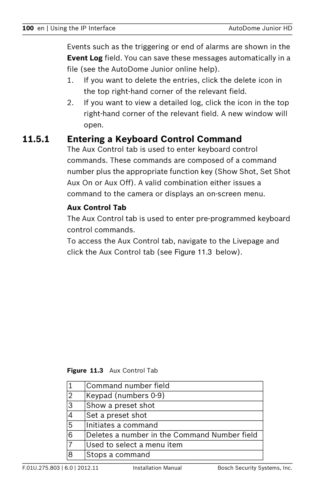 Bosch Appliances VJR SERIES installation manual Entering a Keyboard Control Command, Aux Control Tab 