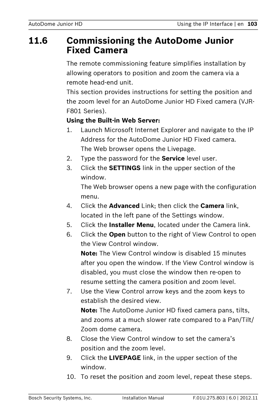 Bosch Appliances VJR SERIES Commissioning the AutoDome Junior Fixed Camera, Using the Built-in Web Server 