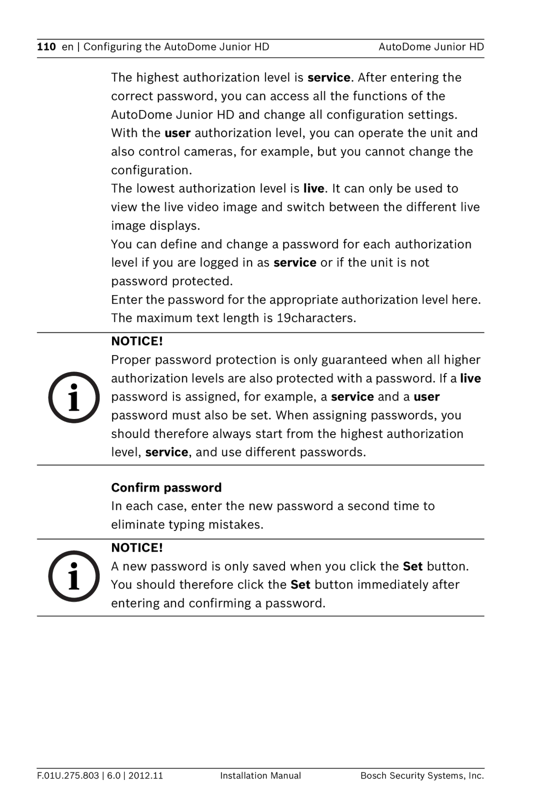 Bosch Appliances VJR SERIES installation manual Confirm password 