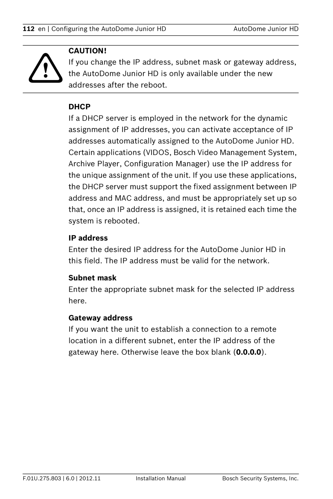 Bosch Appliances VJR SERIES installation manual IP address, Subnet mask, Gateway address 