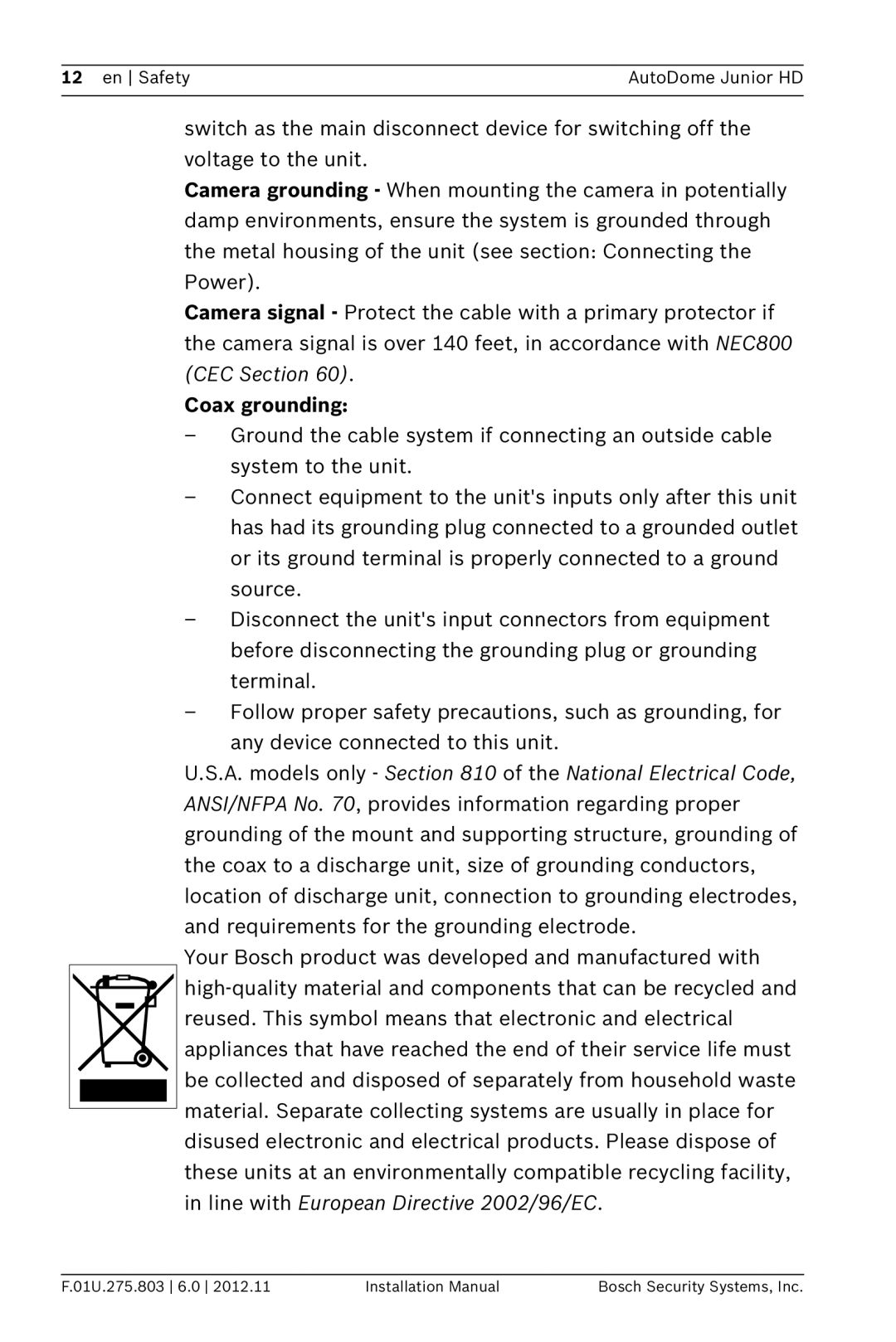 Bosch Appliances VJR SERIES installation manual Coax grounding 