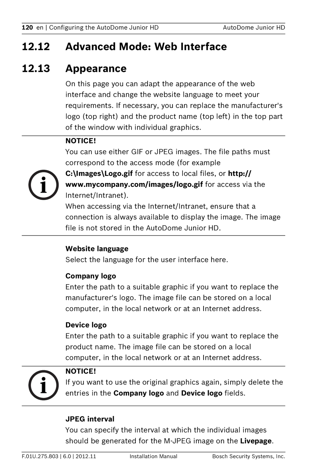 Bosch Appliances VJR SERIES Advanced Mode Web Interface Appearance, Website language, Company logo, Device logo 