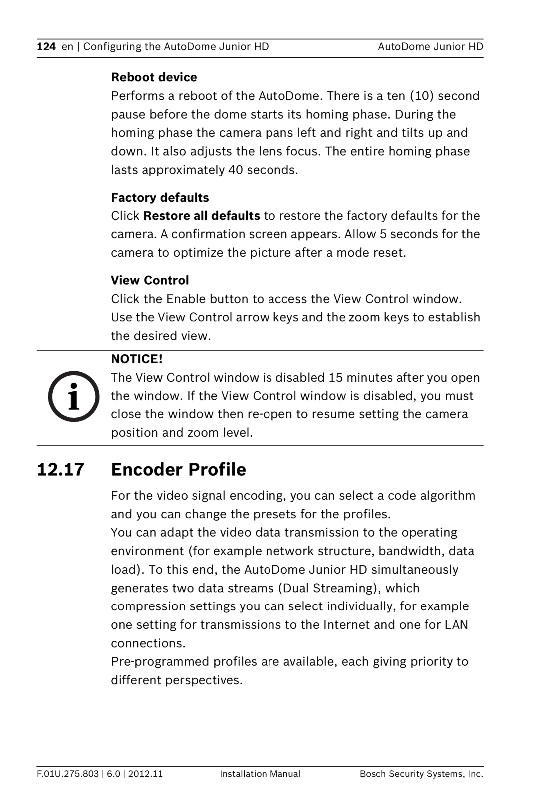 Bosch Appliances VJR SERIES installation manual Encoder Profile, Reboot device, Factory defaults 