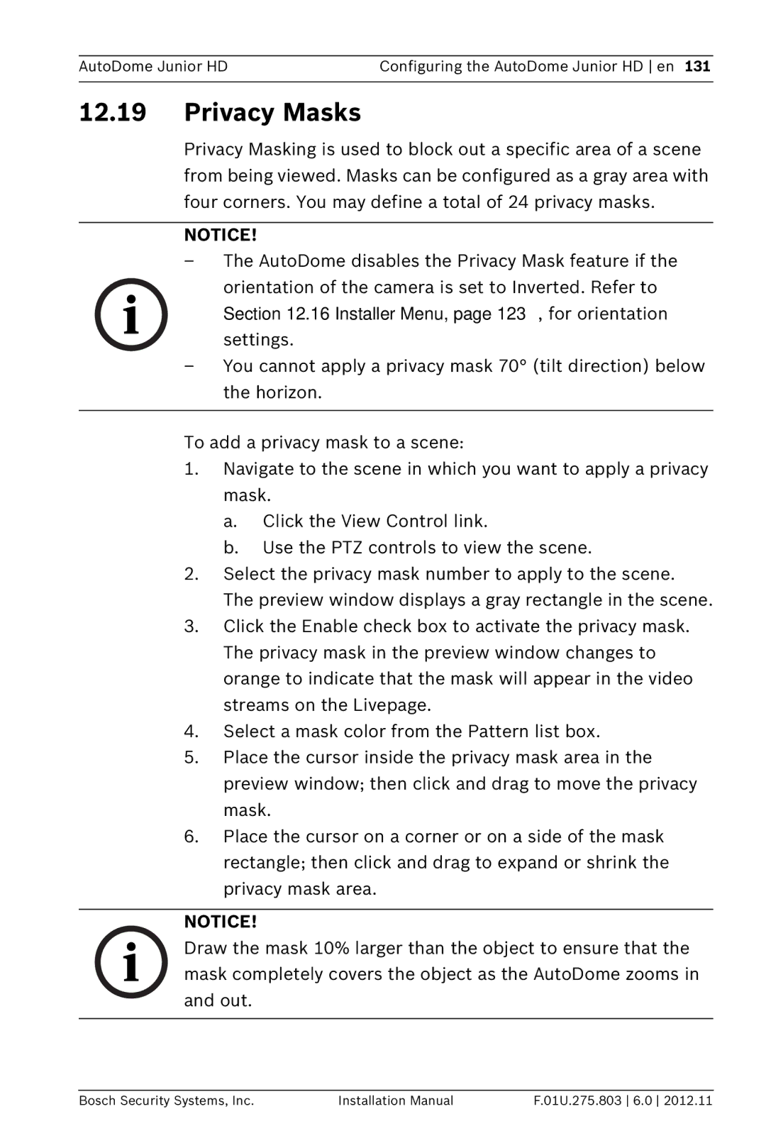 Bosch Appliances VJR SERIES installation manual Privacy Masks 