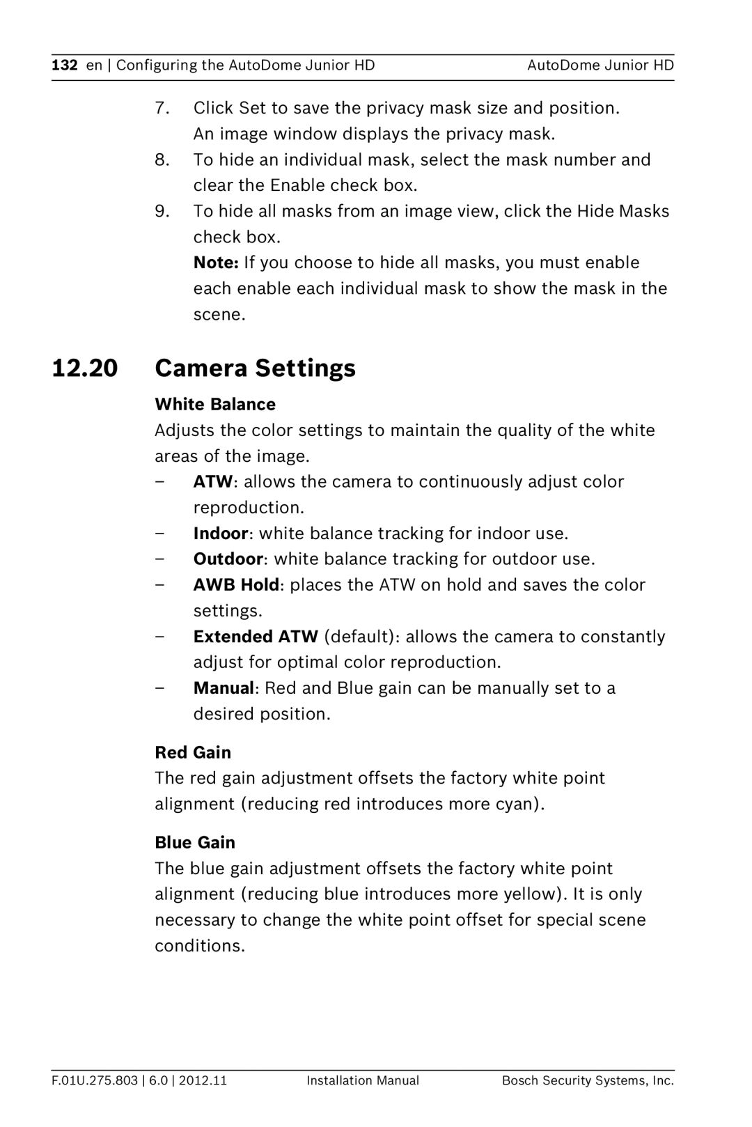 Bosch Appliances VJR SERIES installation manual Camera Settings, White Balance, Red Gain, Blue Gain 