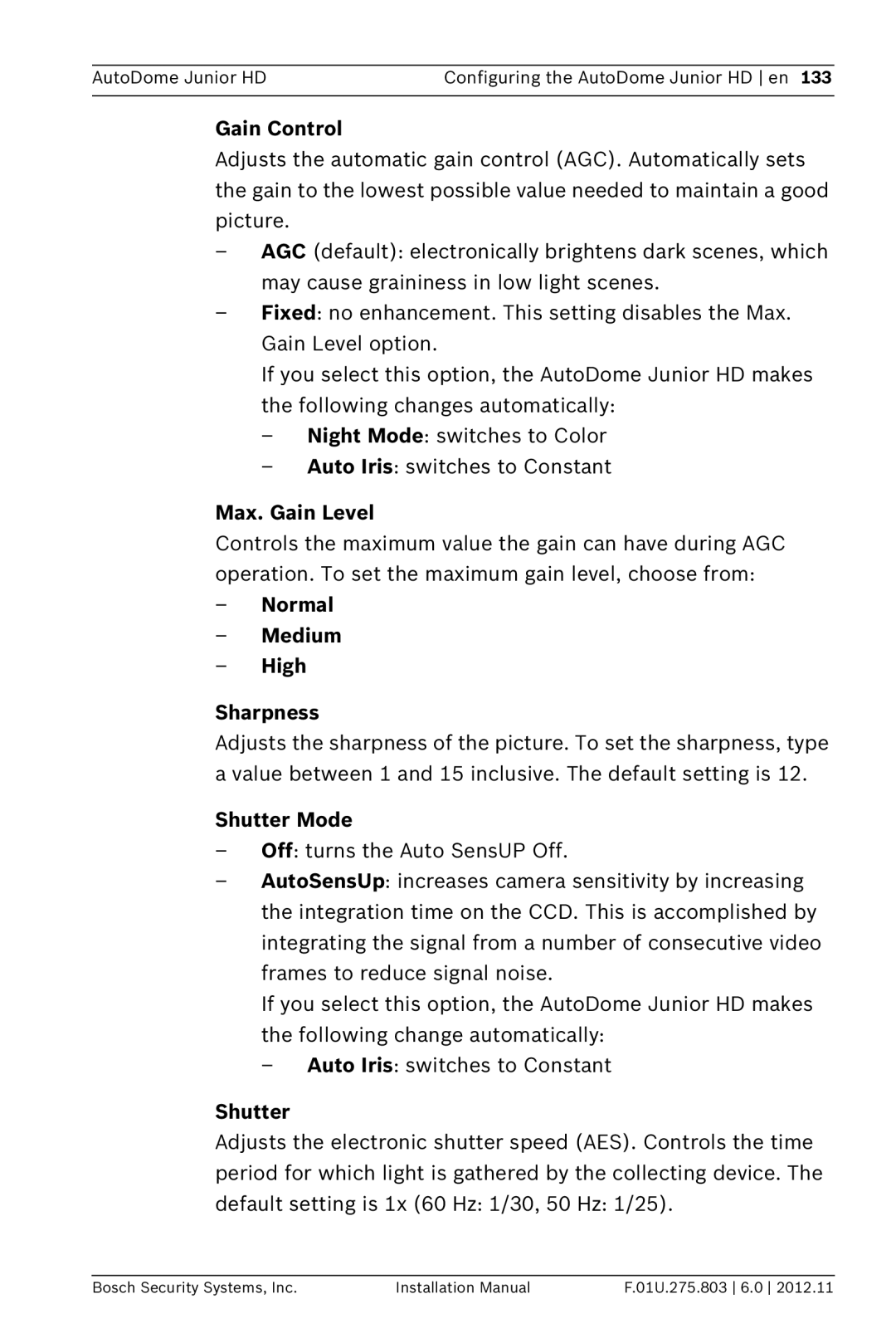 Bosch Appliances VJR SERIES installation manual Gain Control, Max. Gain Level, Normal Medium High Sharpness, Shutter Mode 