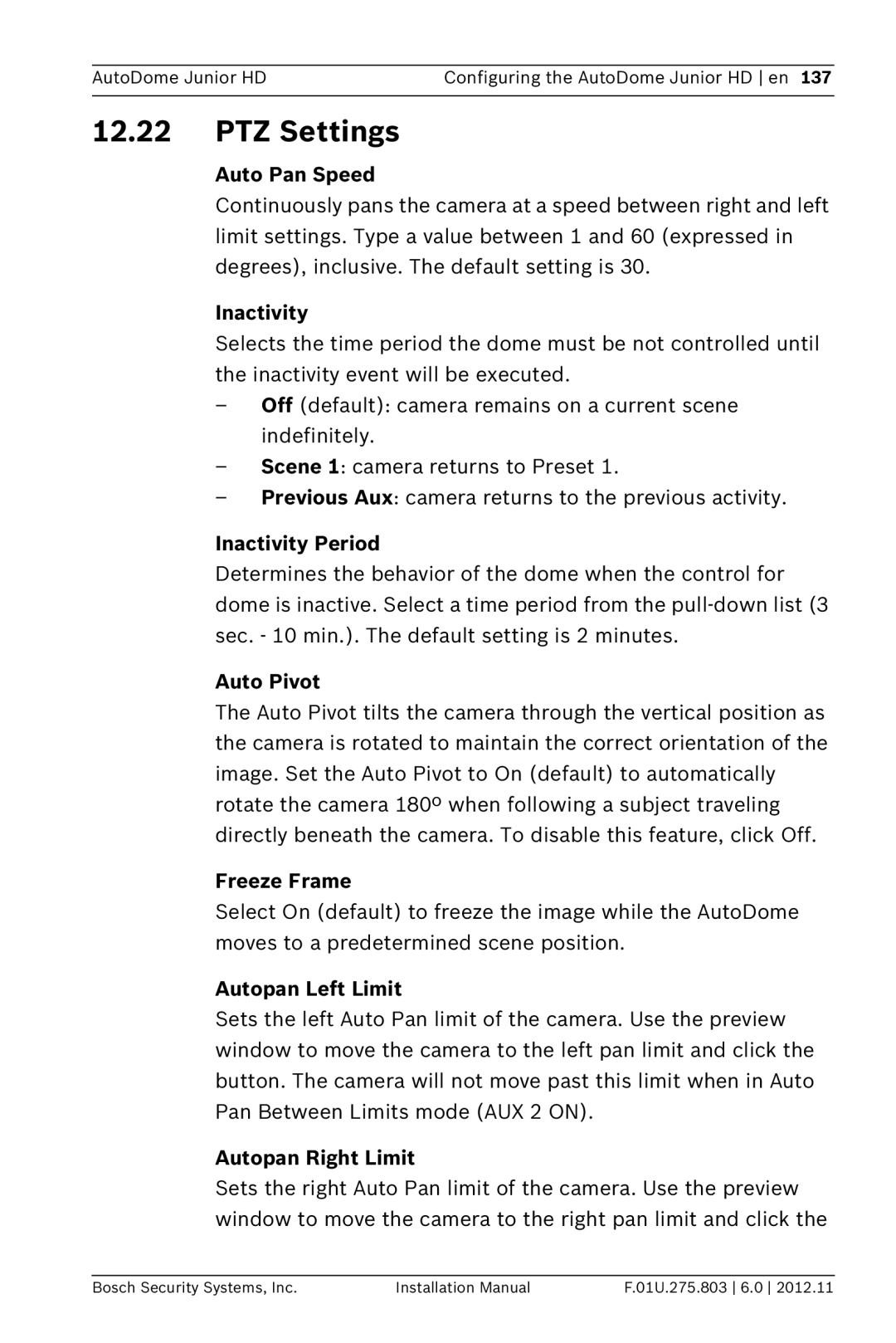 Bosch Appliances VJR SERIES installation manual PTZ Settings 