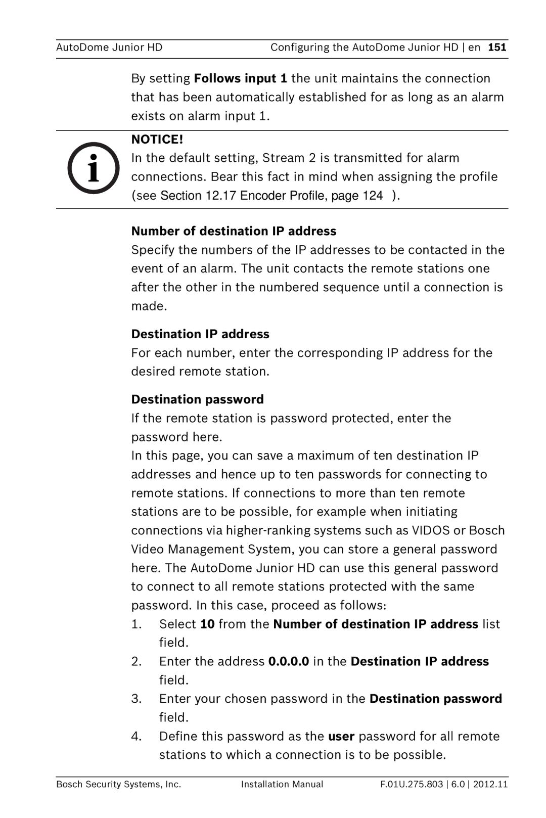 Bosch Appliances VJR SERIES Number of destination IP address, Destination IP address, Destination password 