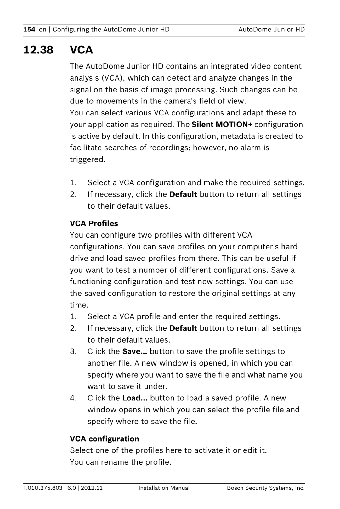 Bosch Appliances VJR SERIES installation manual 12.38 VCA, VCA Profiles, VCA configuration 