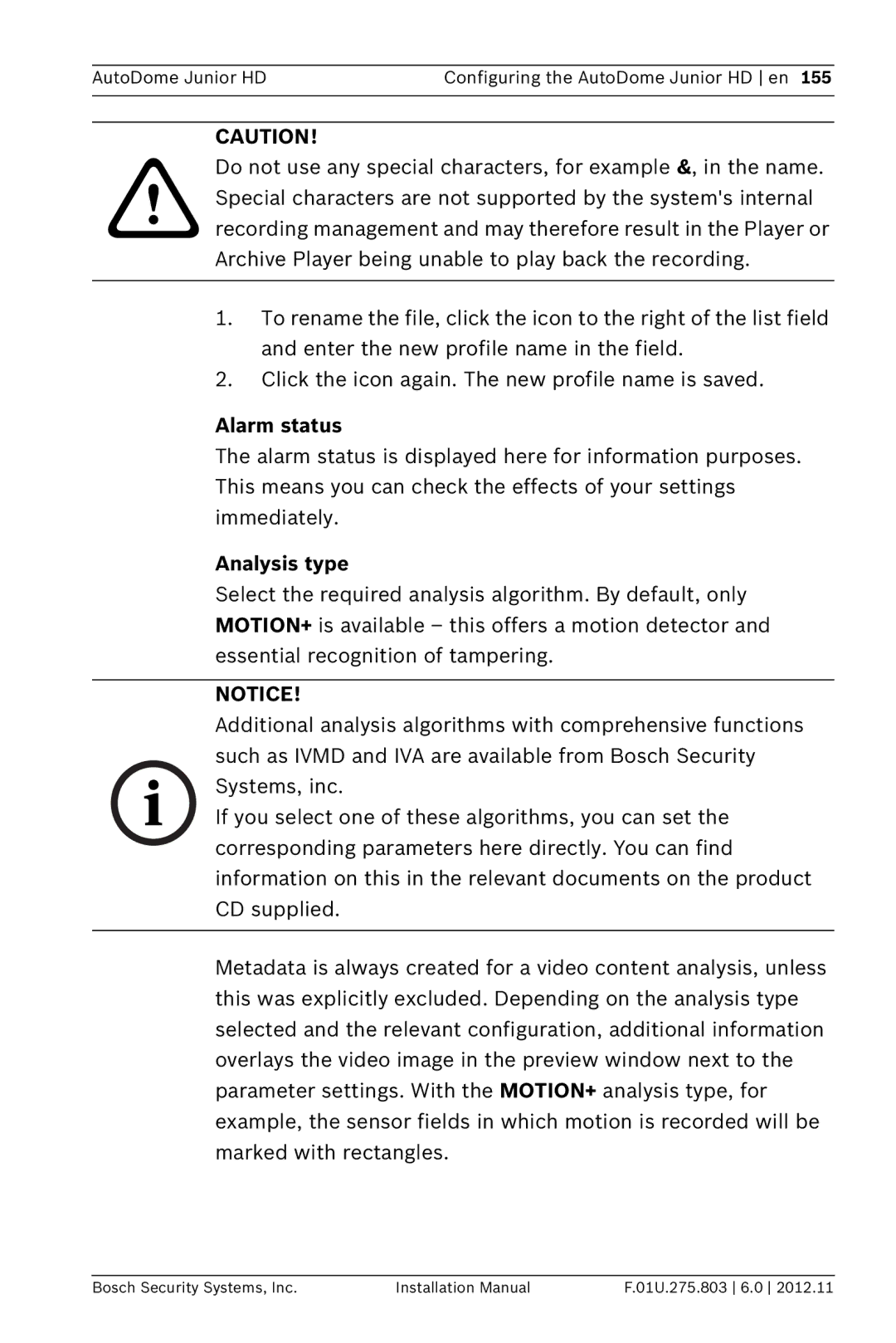 Bosch Appliances VJR SERIES installation manual Alarm status, Analysis type 