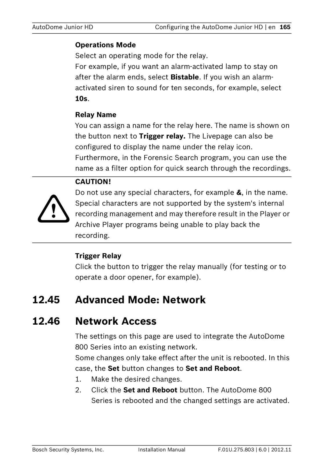 Bosch Appliances VJR SERIES Advanced Mode Network Network Access, Operations Mode, 10s Relay Name, Trigger Relay 