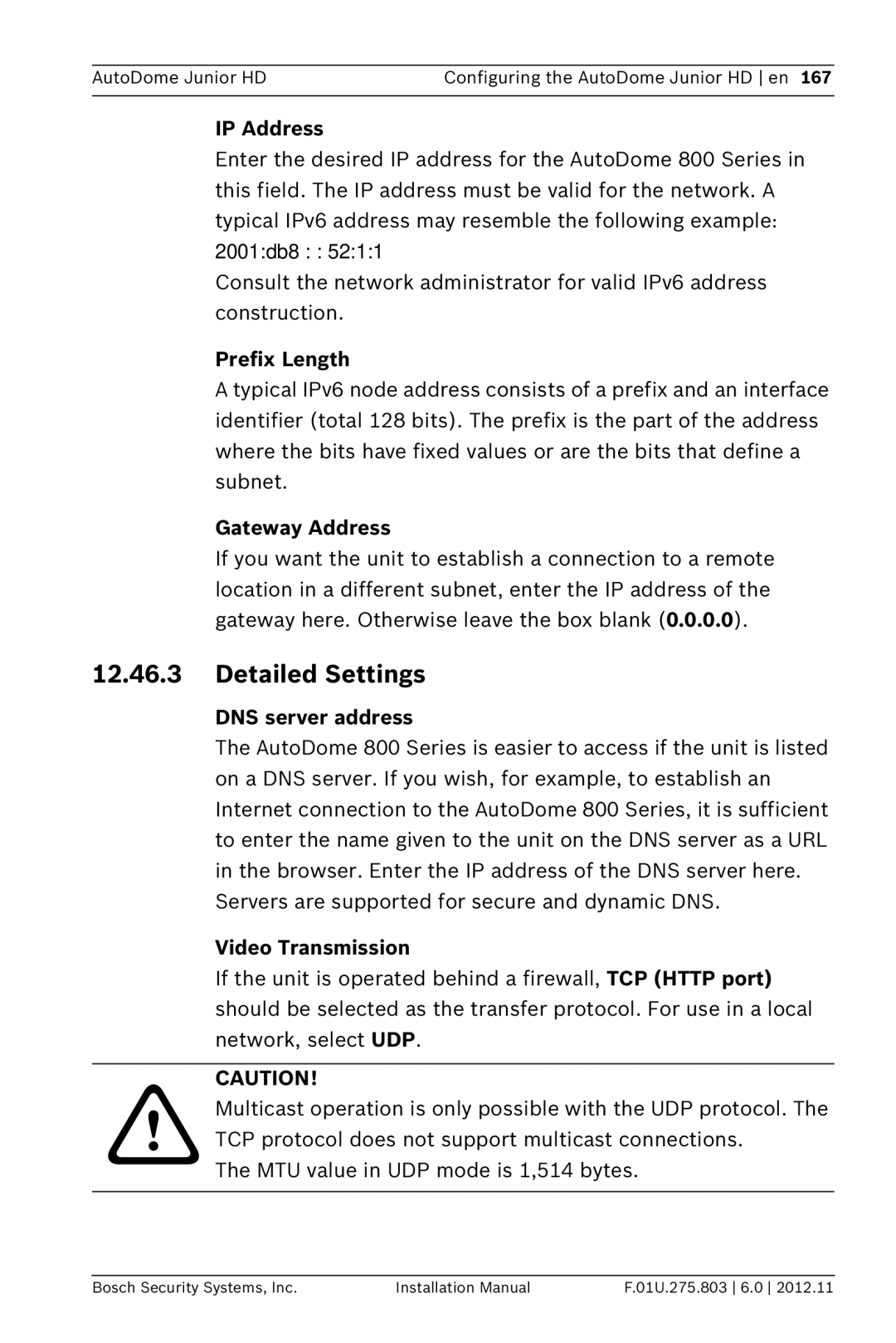 Bosch Appliances VJR SERIES installation manual Detailed Settings, Prefix Length, DNS server address 