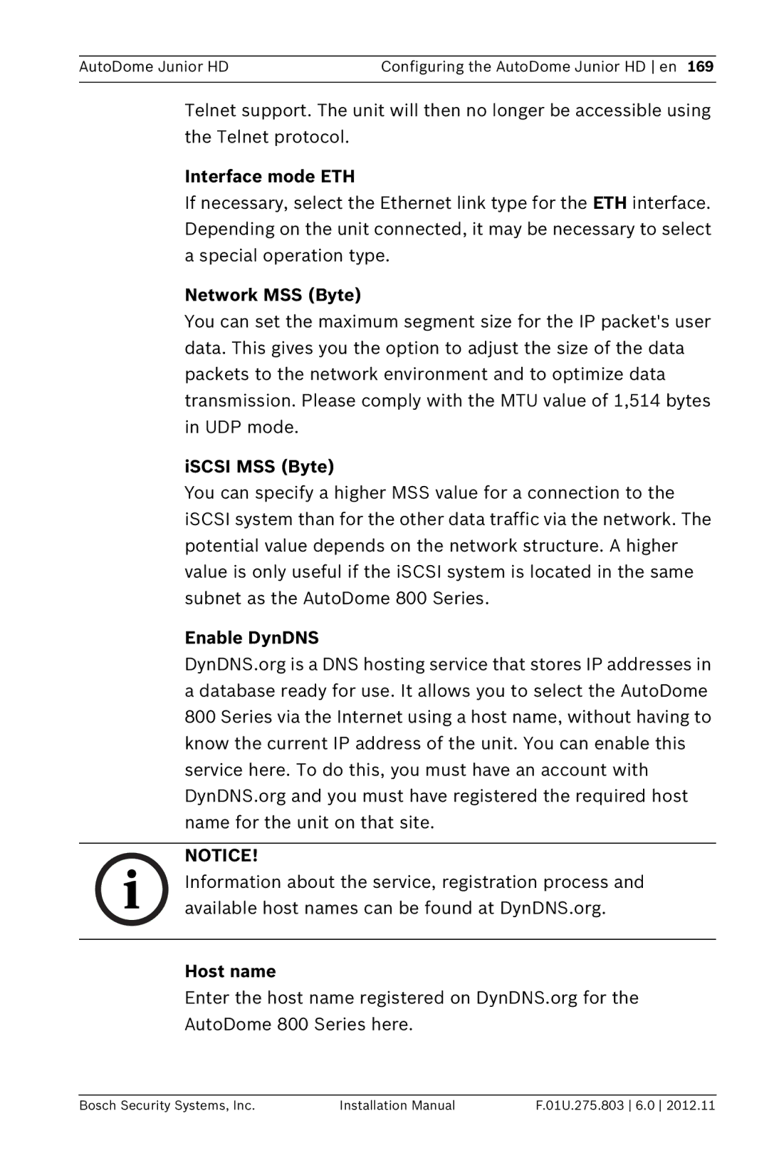 Bosch Appliances VJR SERIES Interface mode ETH, Network MSS Byte, ISCSI MSS Byte, Enable DynDNS, Host name 