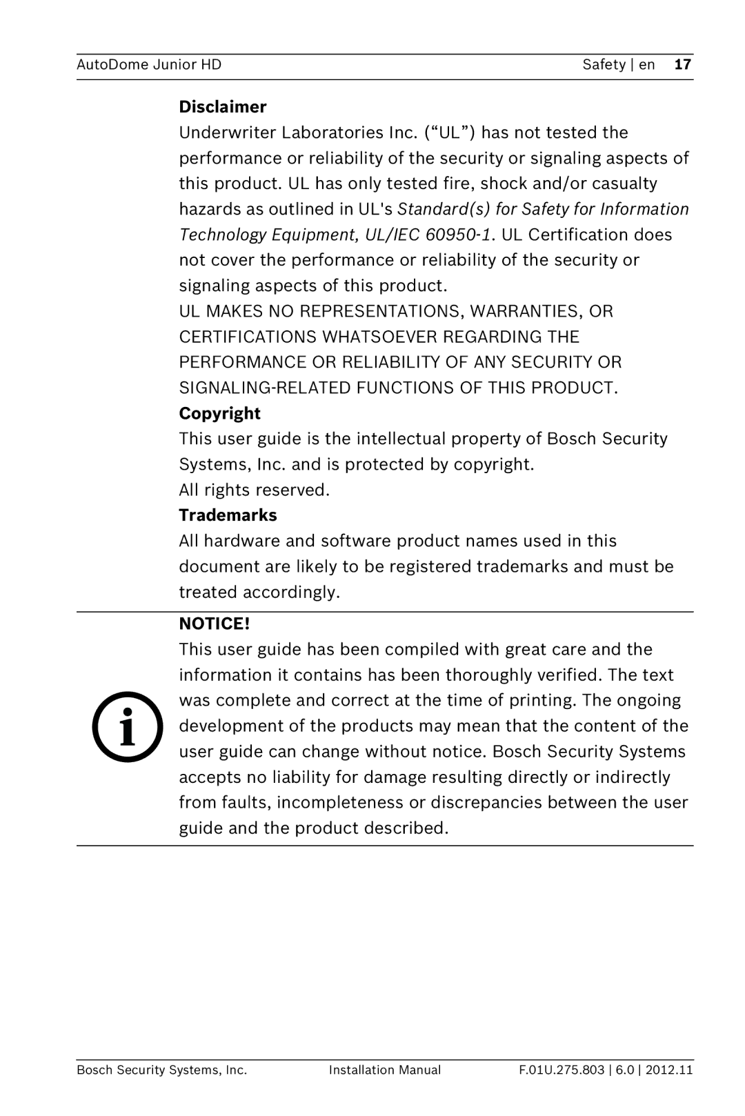 Bosch Appliances VJR SERIES installation manual Disclaimer, Copyright, Trademarks 