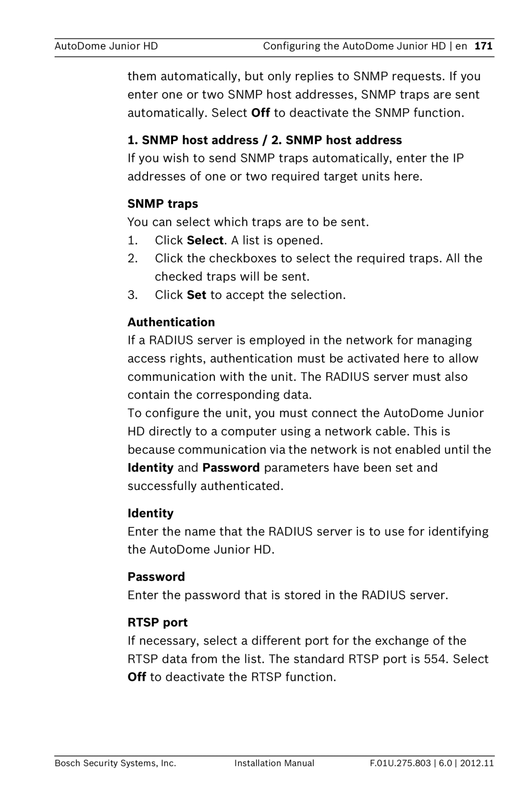 Bosch Appliances VJR SERIES Snmp host address / 2. Snmp host address, Snmp traps, Authentication, Identity, Rtsp port 