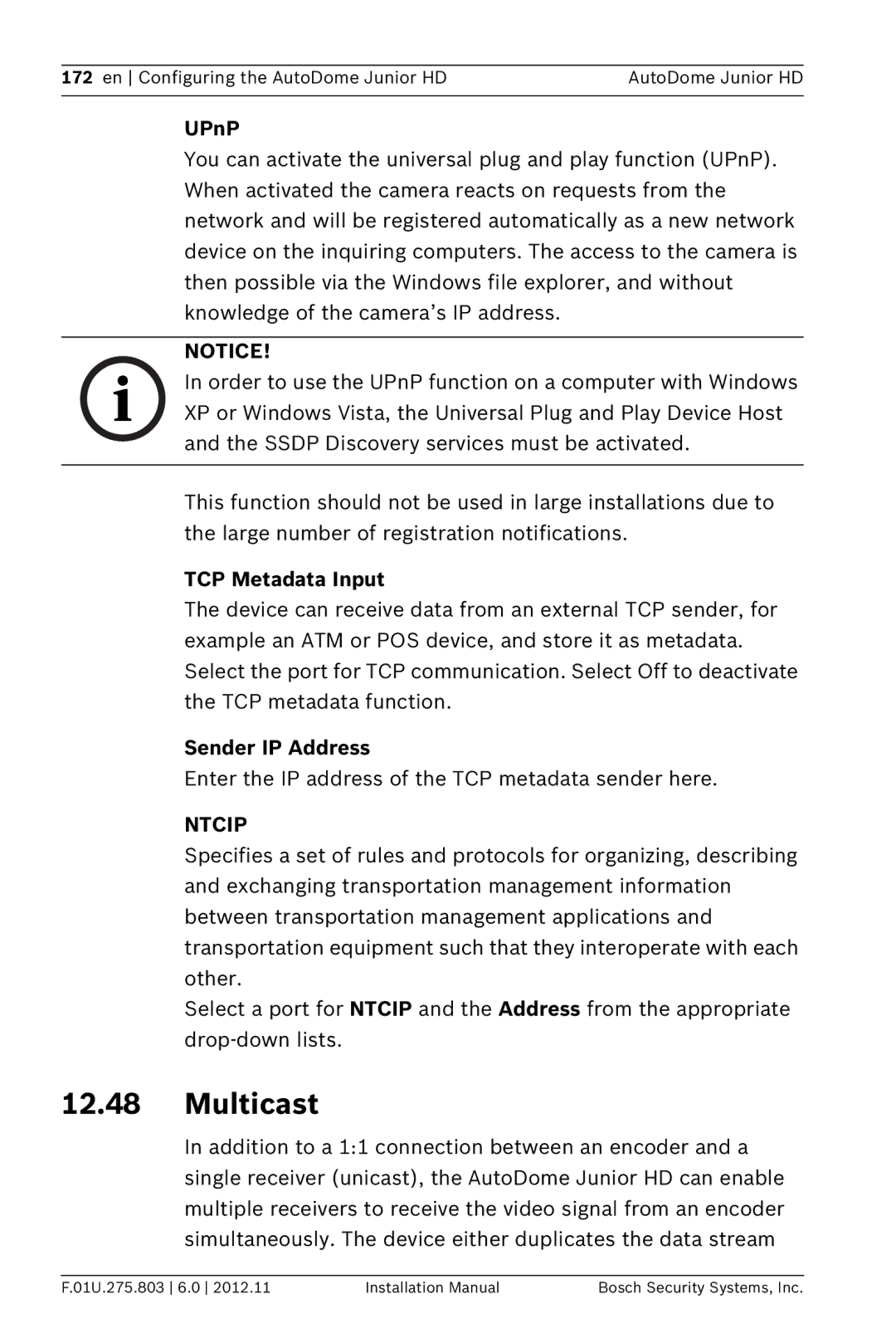 Bosch Appliances VJR SERIES installation manual Multicast, UPnP, TCP Metadata Input, Sender IP Address 