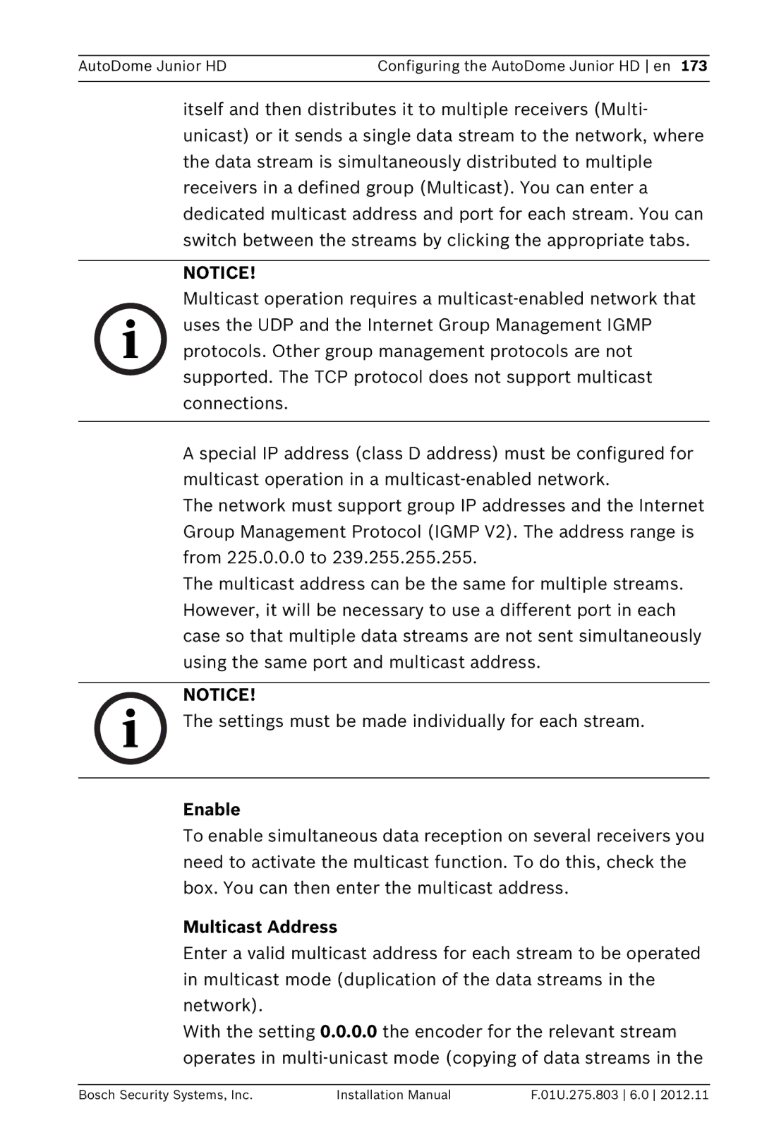 Bosch Appliances VJR SERIES installation manual Enable, Multicast Address 