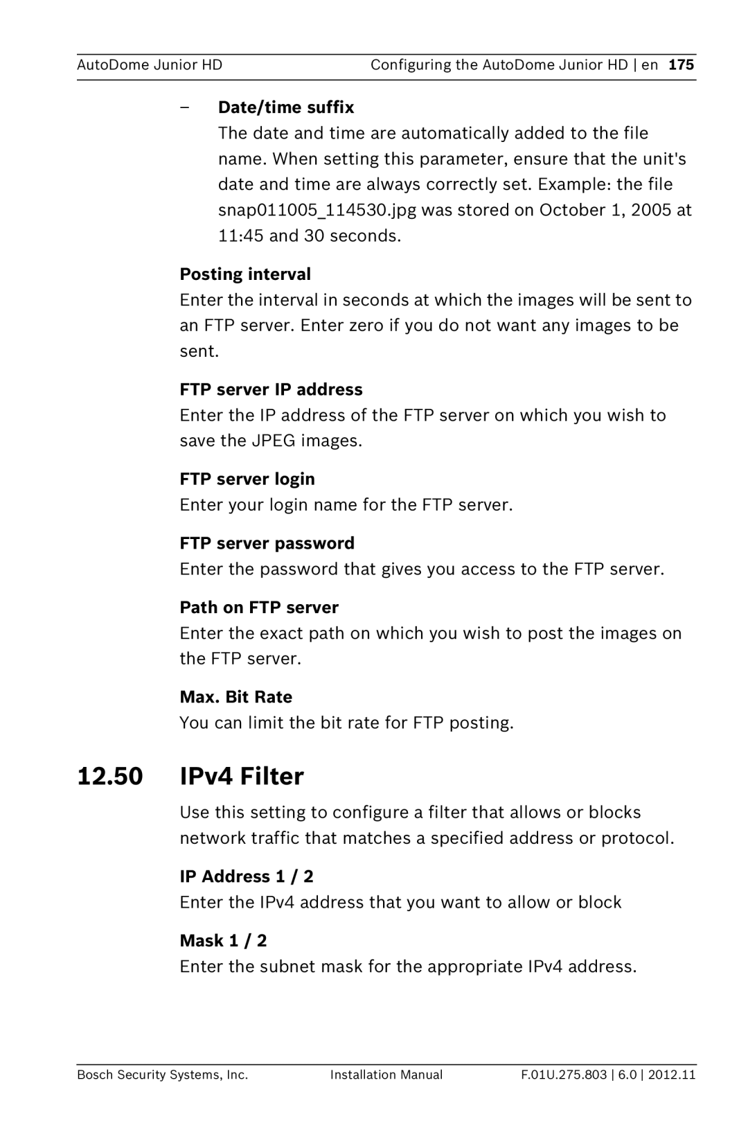 Bosch Appliances VJR SERIES installation manual 12.50 IPv4 Filter 