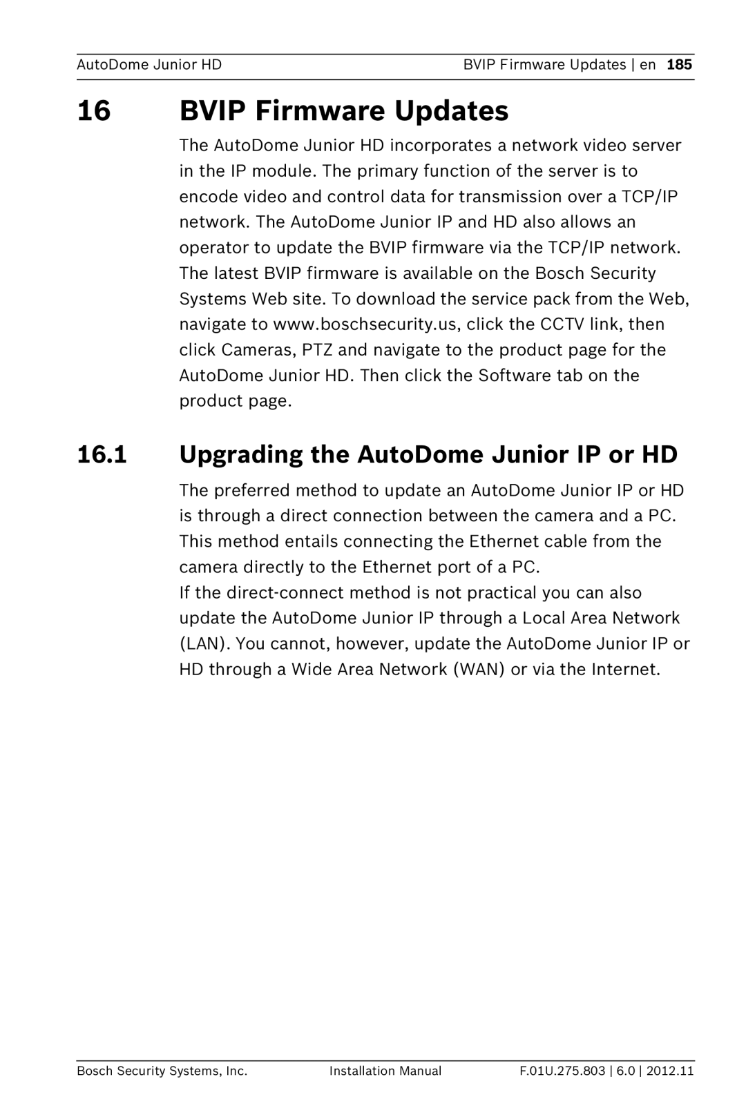 Bosch Appliances VJR SERIES installation manual Bvip Firmware Updates, Upgrading the AutoDome Junior IP or HD 