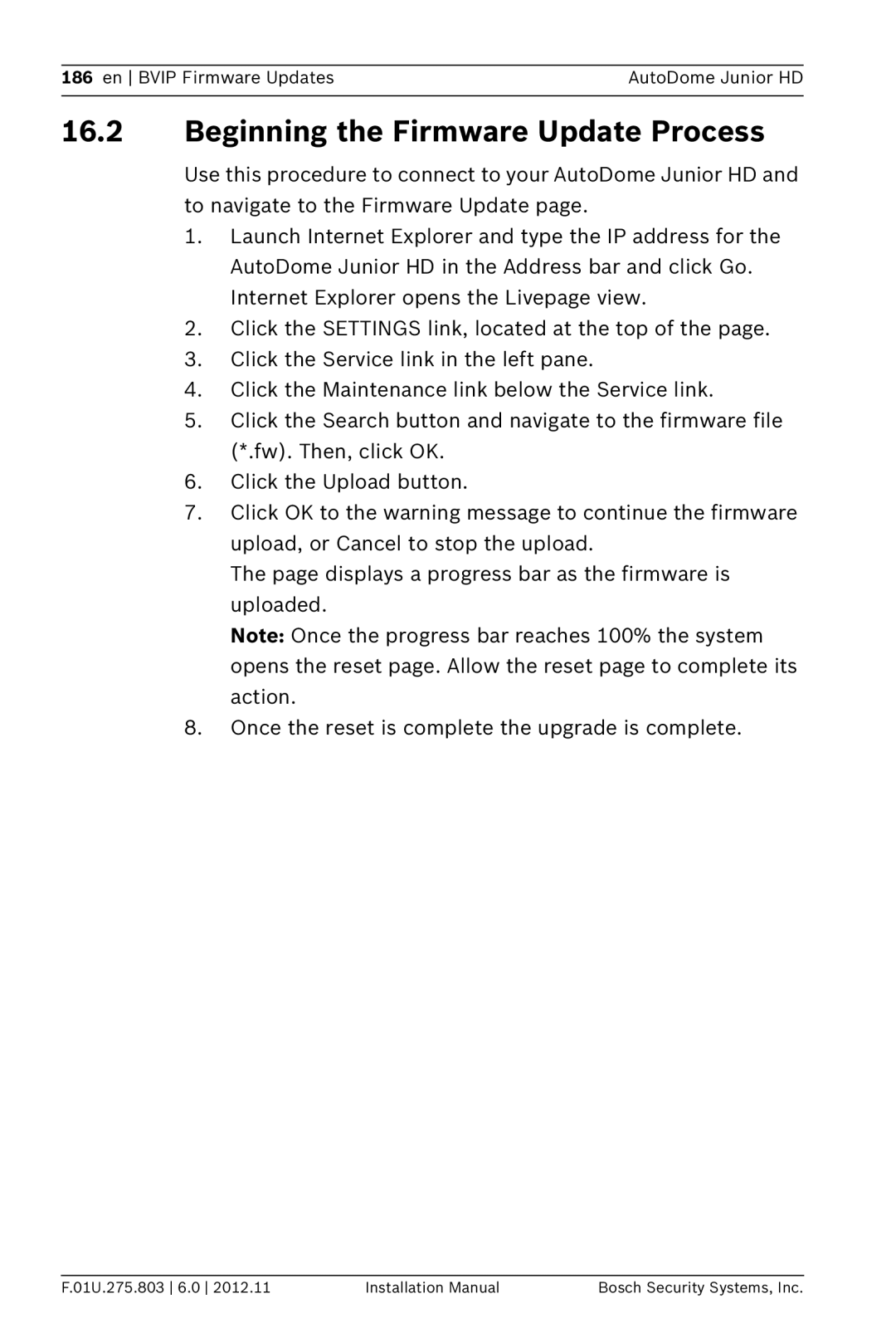 Bosch Appliances VJR SERIES installation manual Beginning the Firmware Update Process 