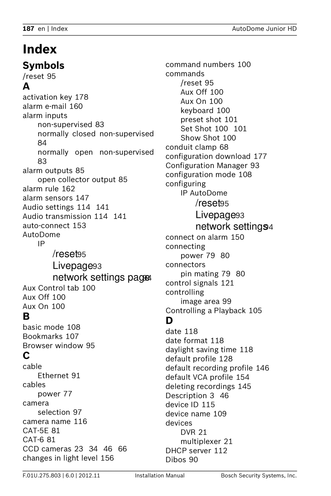 Bosch Appliances VJR SERIES installation manual Index, Symbols 