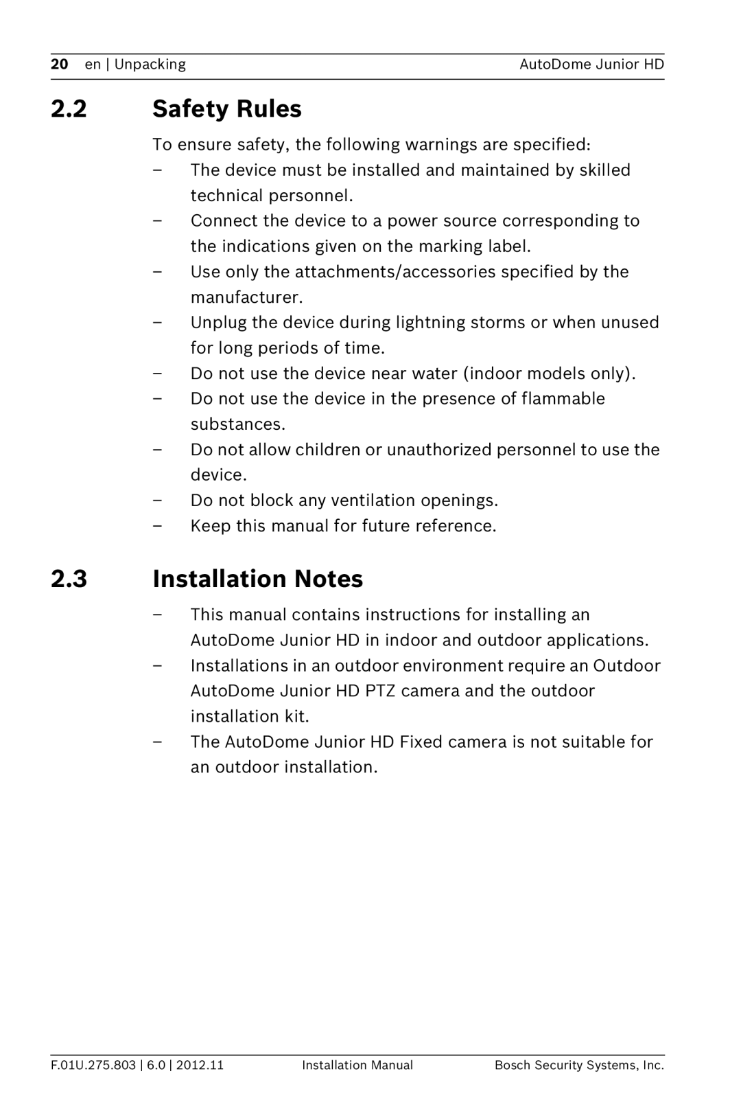 Bosch Appliances VJR SERIES installation manual Safety Rules, Installation Notes 