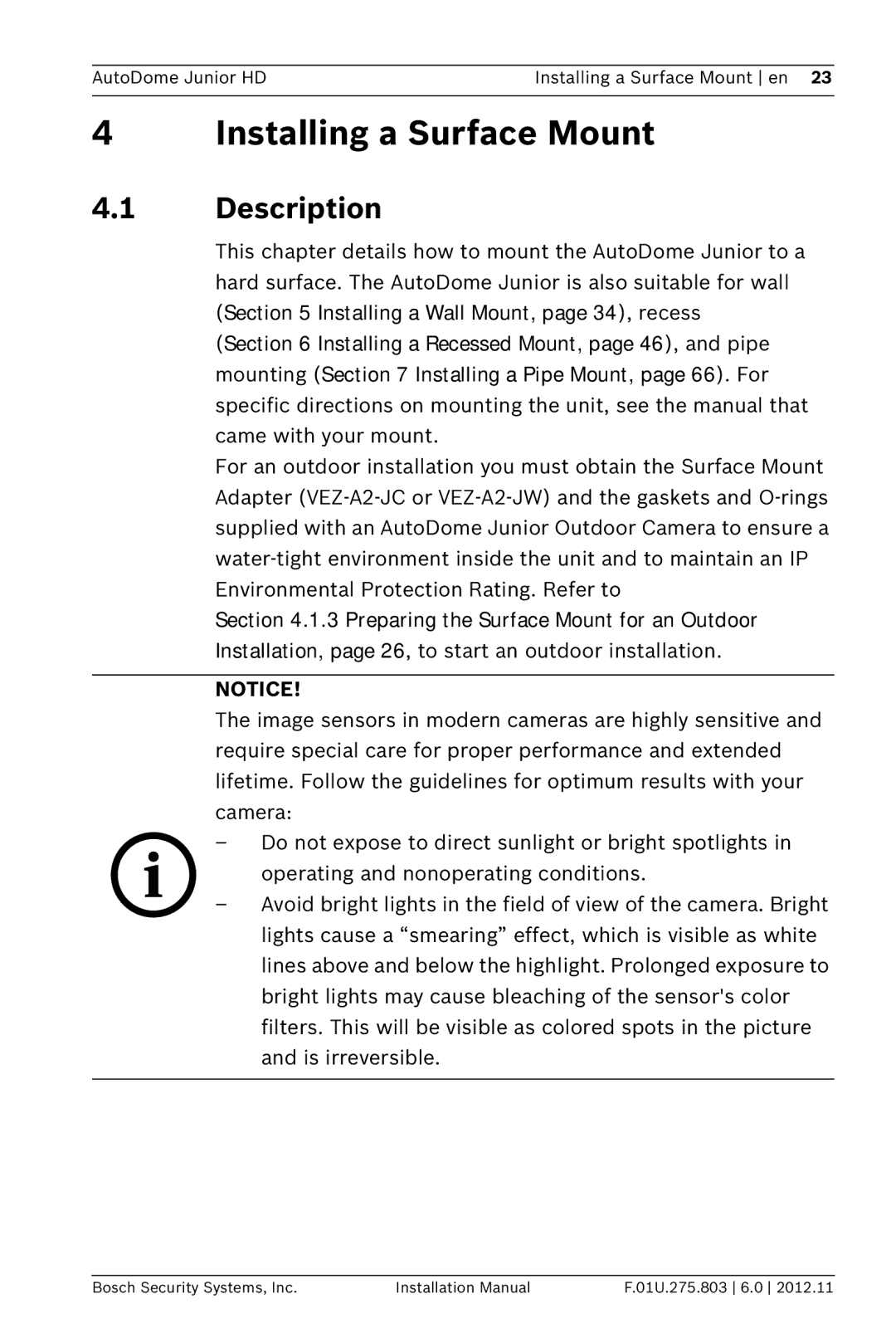 Bosch Appliances VJR SERIES installation manual Installing a Surface Mount, Description 