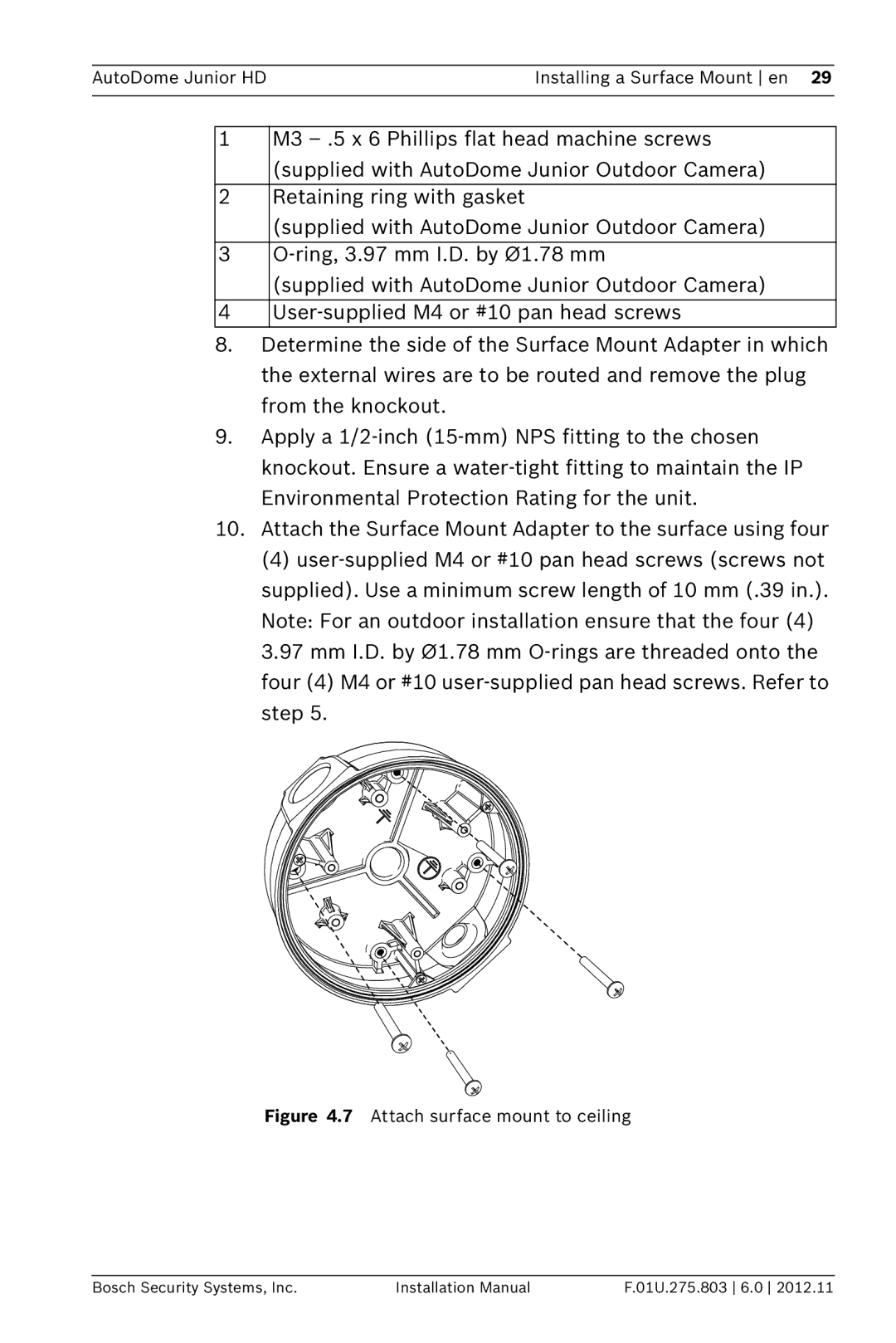 Bosch Appliances VJR SERIES installation manual Attach surface mount to ceiling 