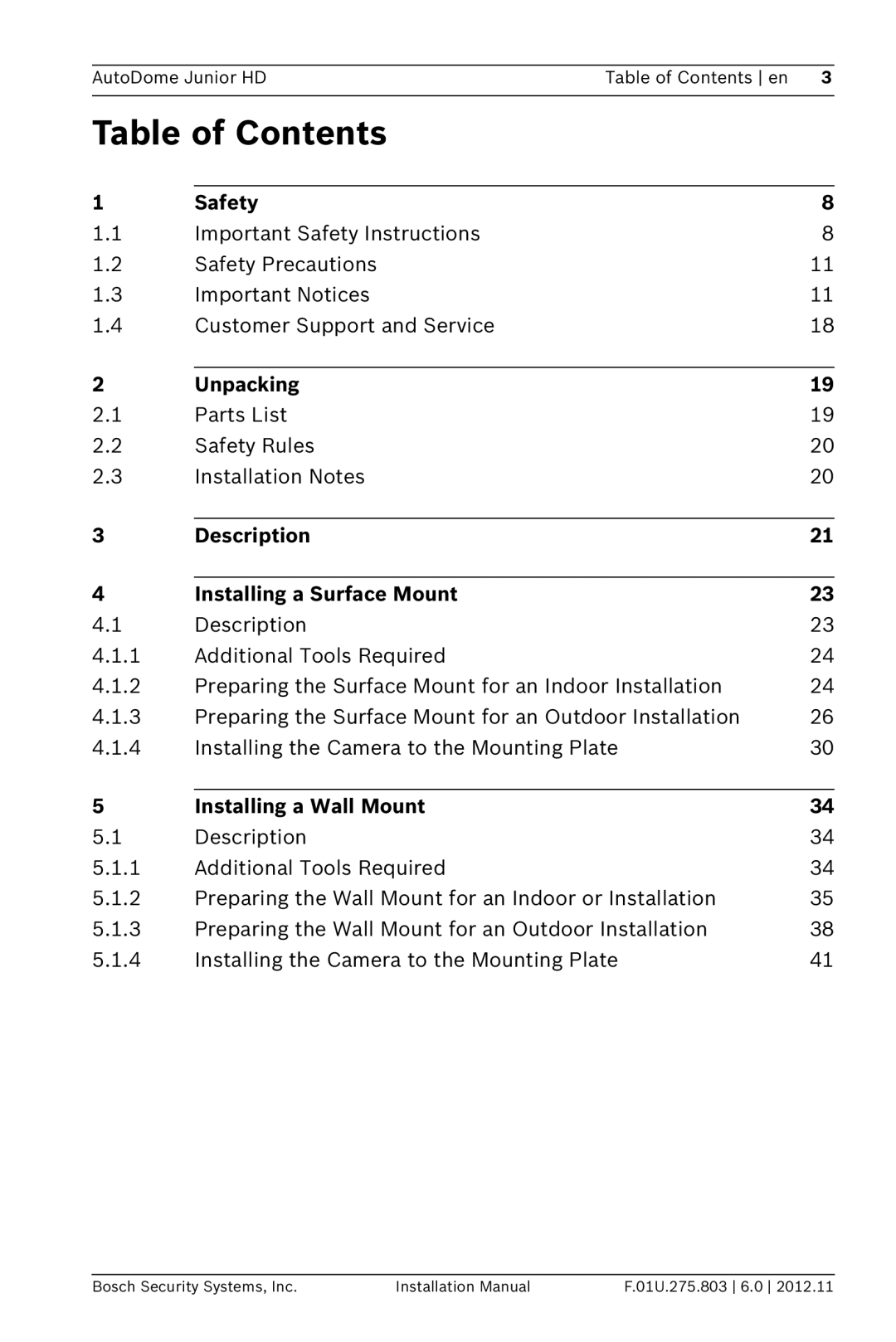 Bosch Appliances VJR SERIES installation manual Table of Contents 